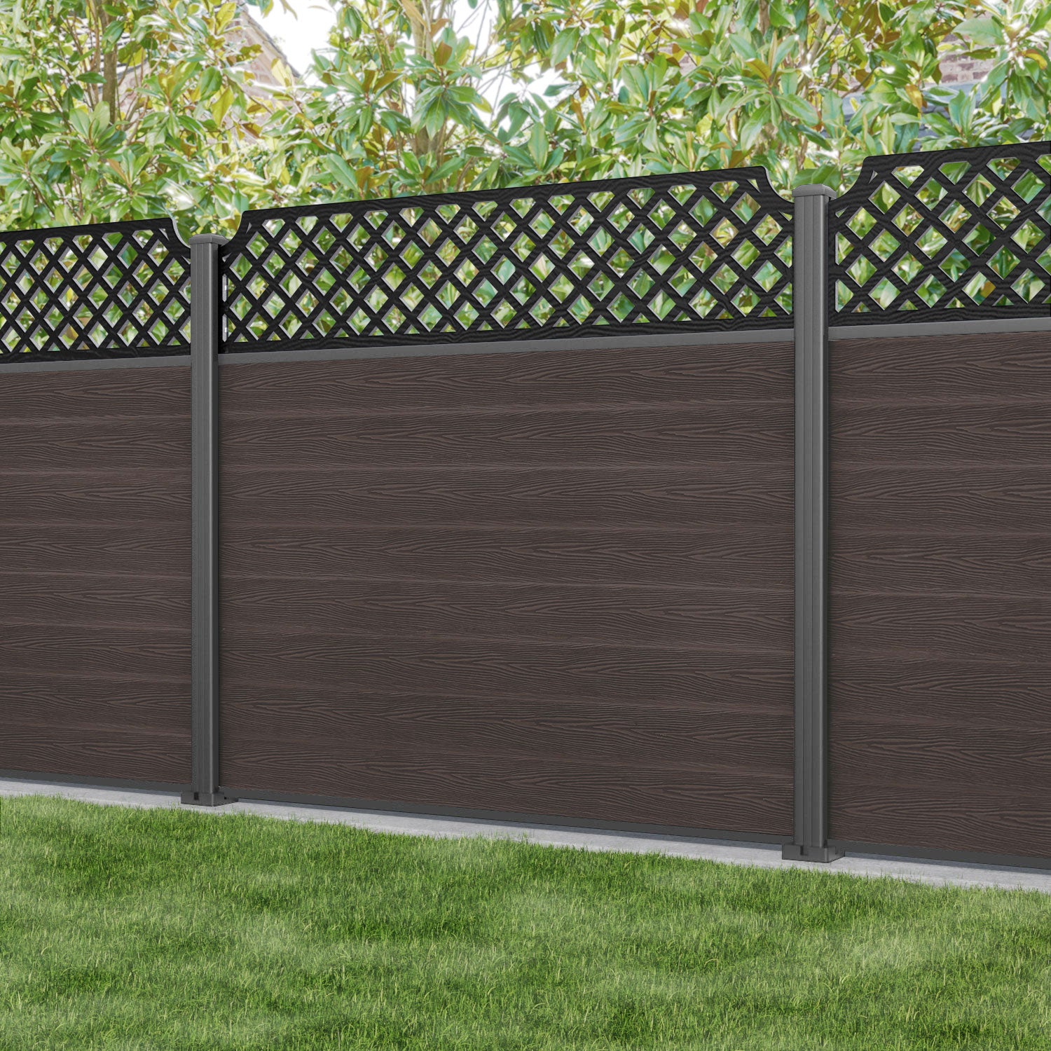 Classic Regal Hive Fence Panel - Mid Brown - with our aluminium posts