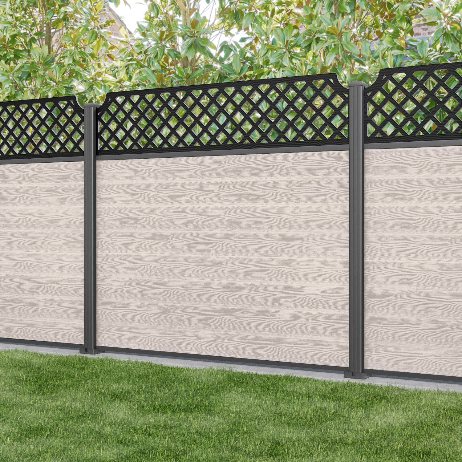 Classic Regal Hive Fence Panel - Mid Stone - with our aluminium posts