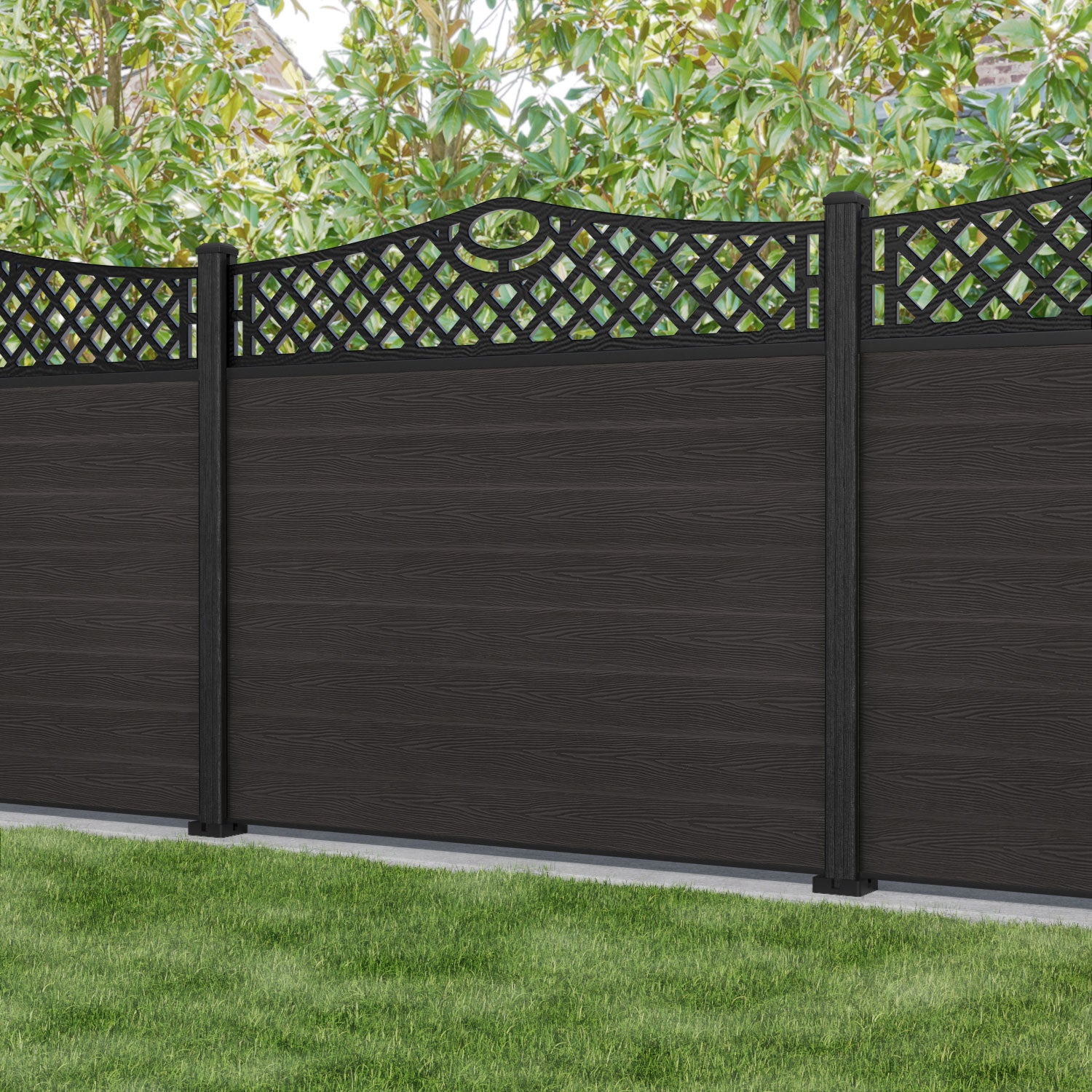 Classic Oxford Curved Top Fence Panel - Dark Oak - with our composite posts