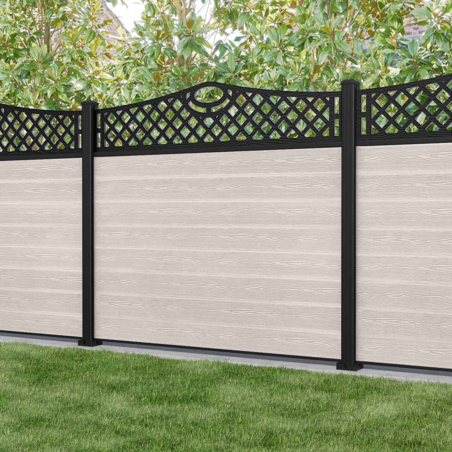 Classic Oxford Curved Top Fence Panel - Mid Stone - with our aluminium posts