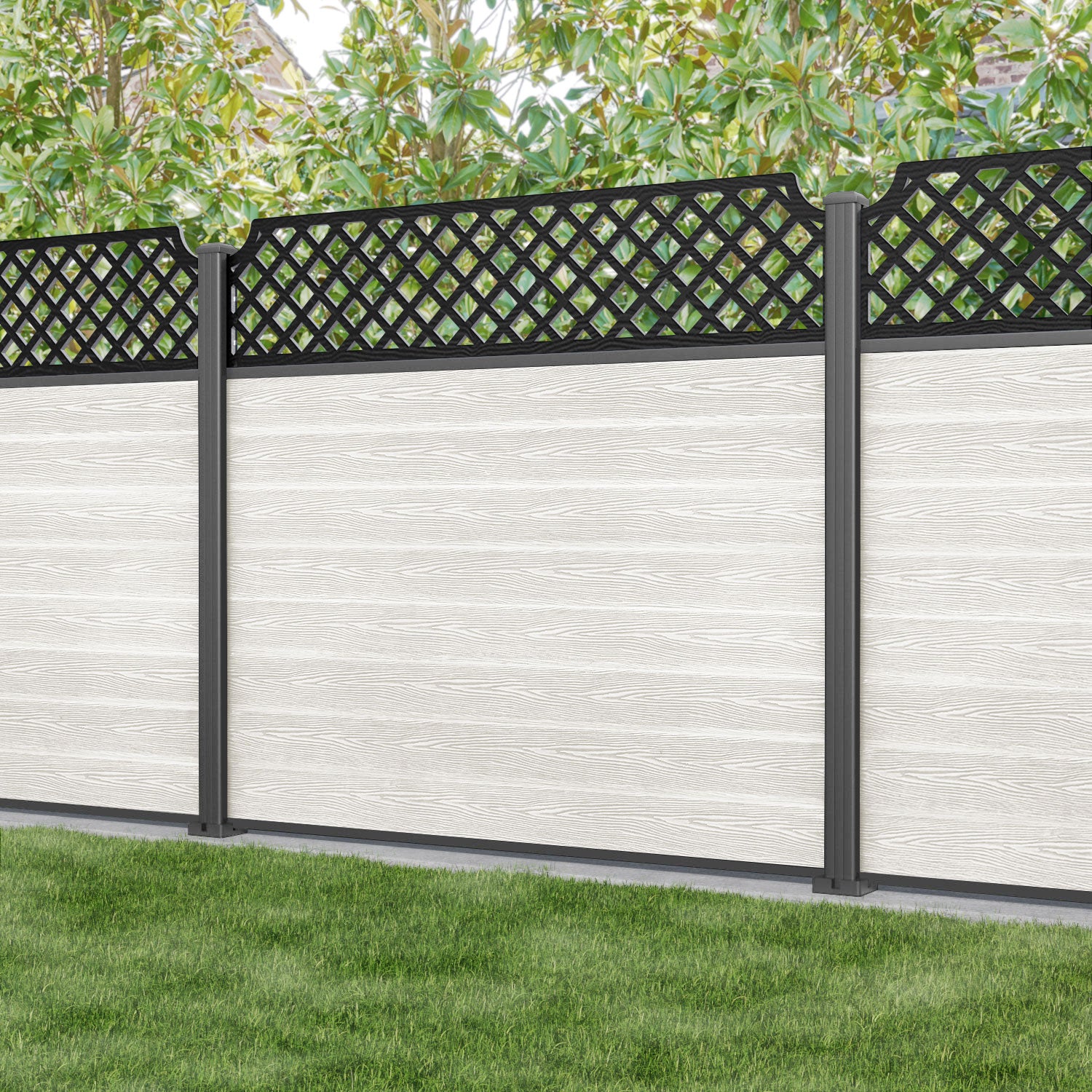 Classic Regal Hive Fence Panel - Light Stone - with our aluminium posts