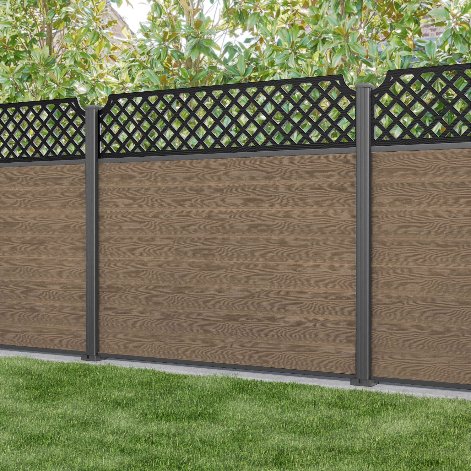 Classic Regal Hive Fence Panel - Teak - with our aluminium posts
