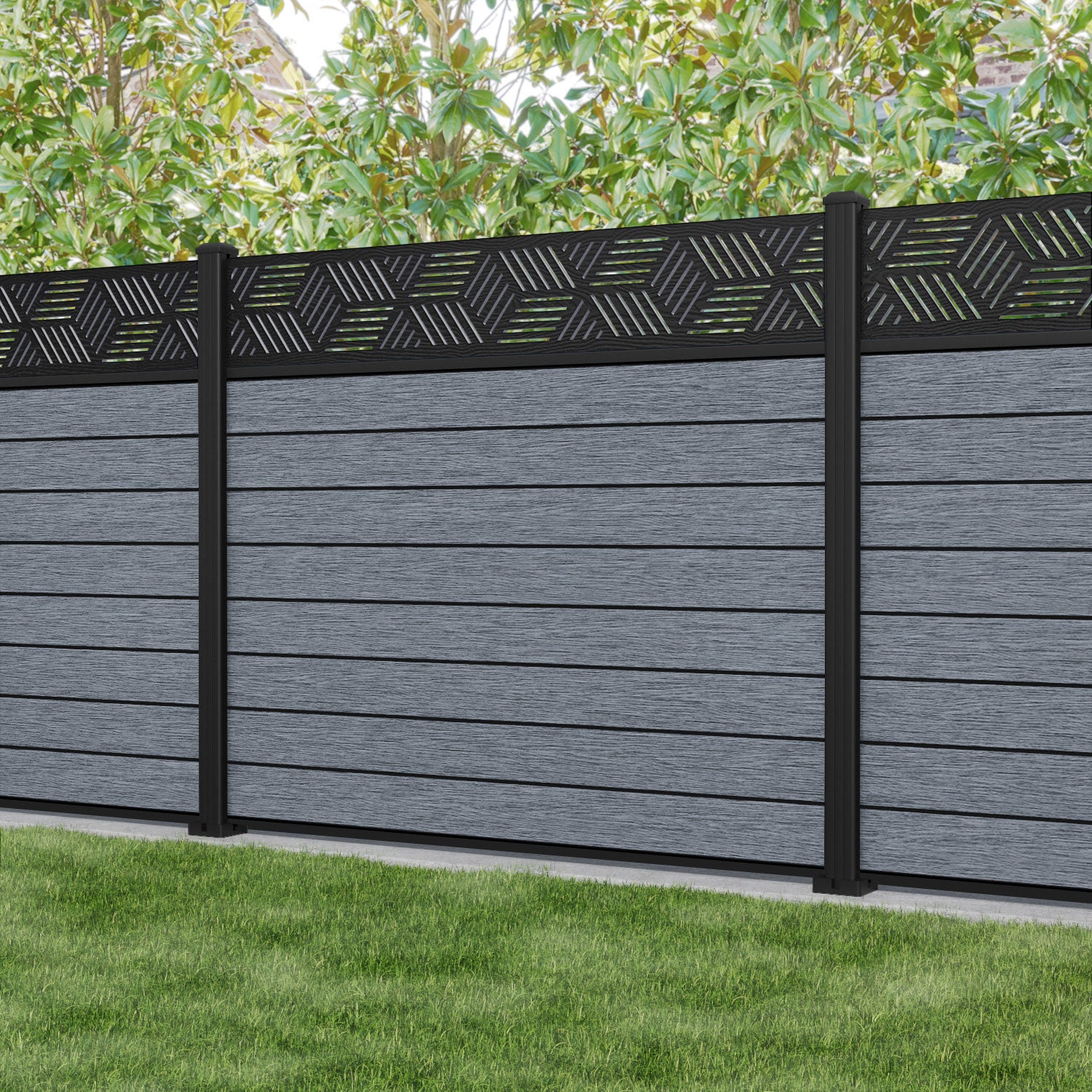 Fusion Cubed Fence Panel - Anthracite - with our aluminium posts