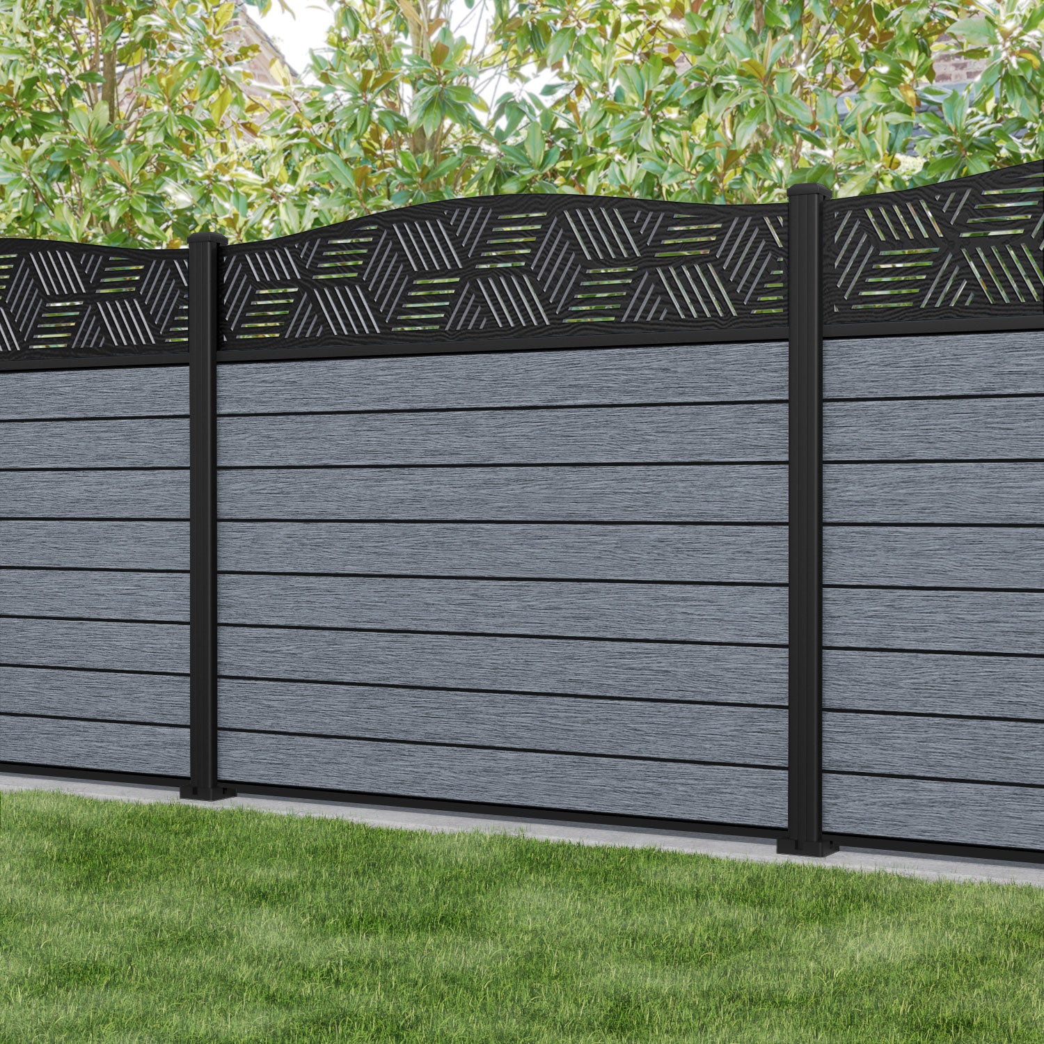 Fusion Cubed Curved Top Fence Panel - Anthracite - with our aluminium posts