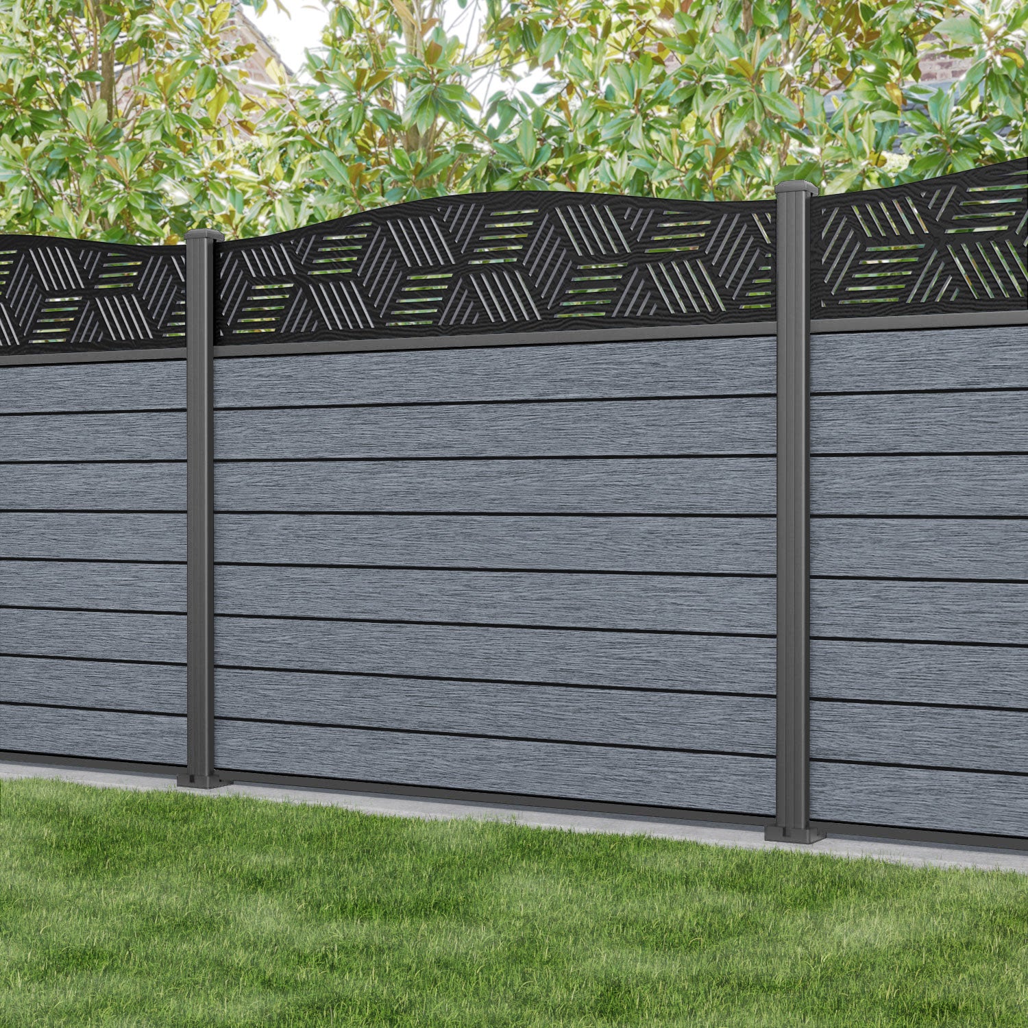 Fusion Cubed Curved Top Fence Panel - Anthracite - with our aluminium posts