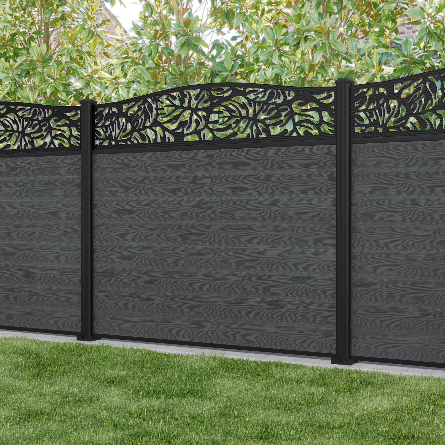 Classic Botanic Curved Top Fence Panel - Dark Grey - with our aluminium posts