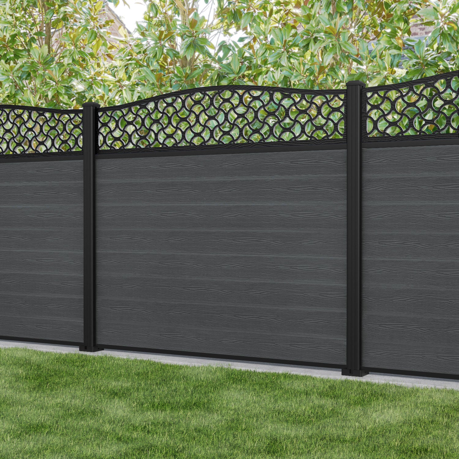 Classic Vida Curved Top Fence Panel - Dark Grey - with our aluminium posts