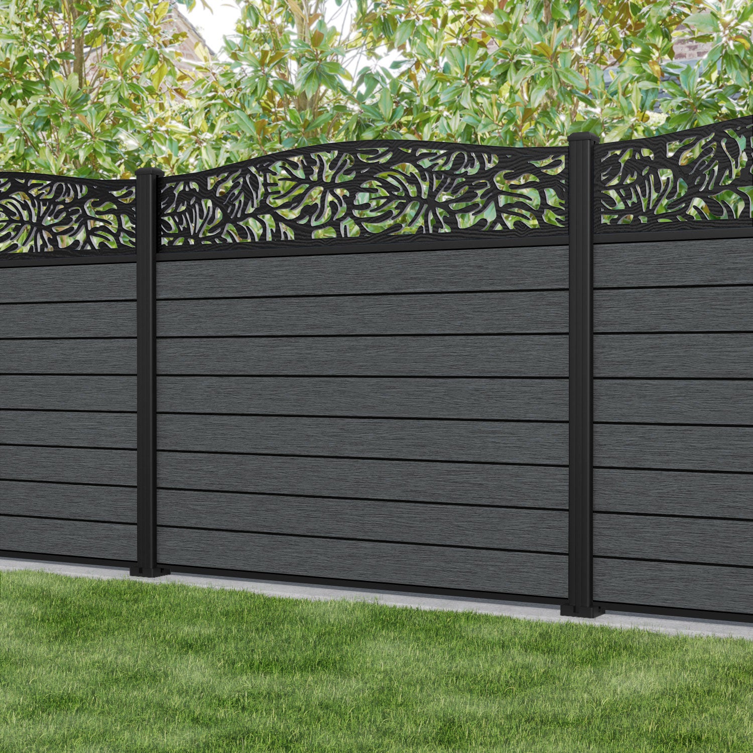 Fusion Botanic Curved Top Fence Panel - Dark Grey - with our aluminium posts