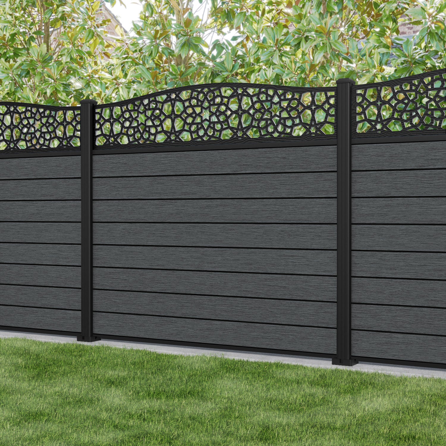 Fusion Nazira Curved Top Fence Panel - Dark Grey - with our aluminium posts
