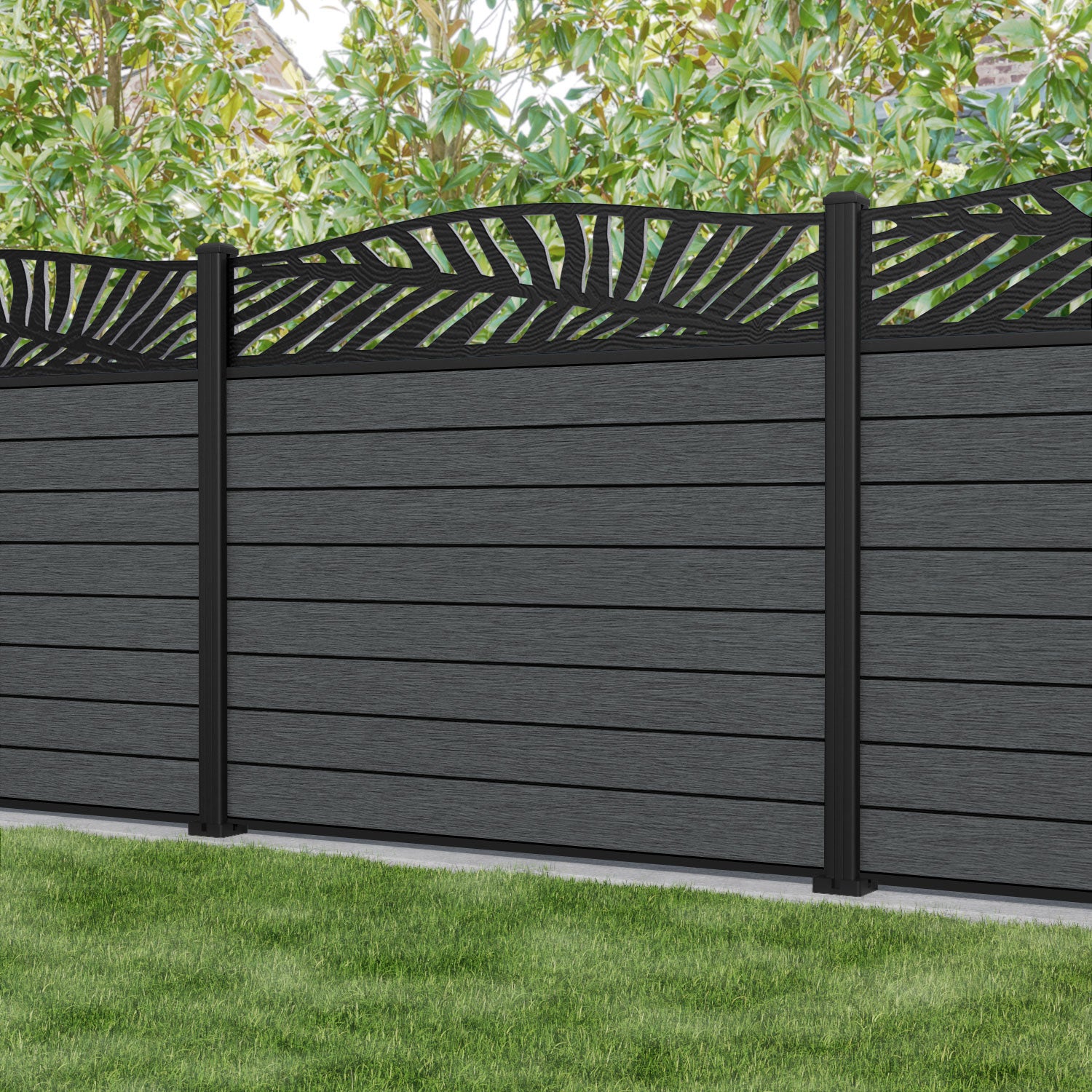 Fusion Palm Curved Top Fence Panel - Dark Grey - with our aluminium posts