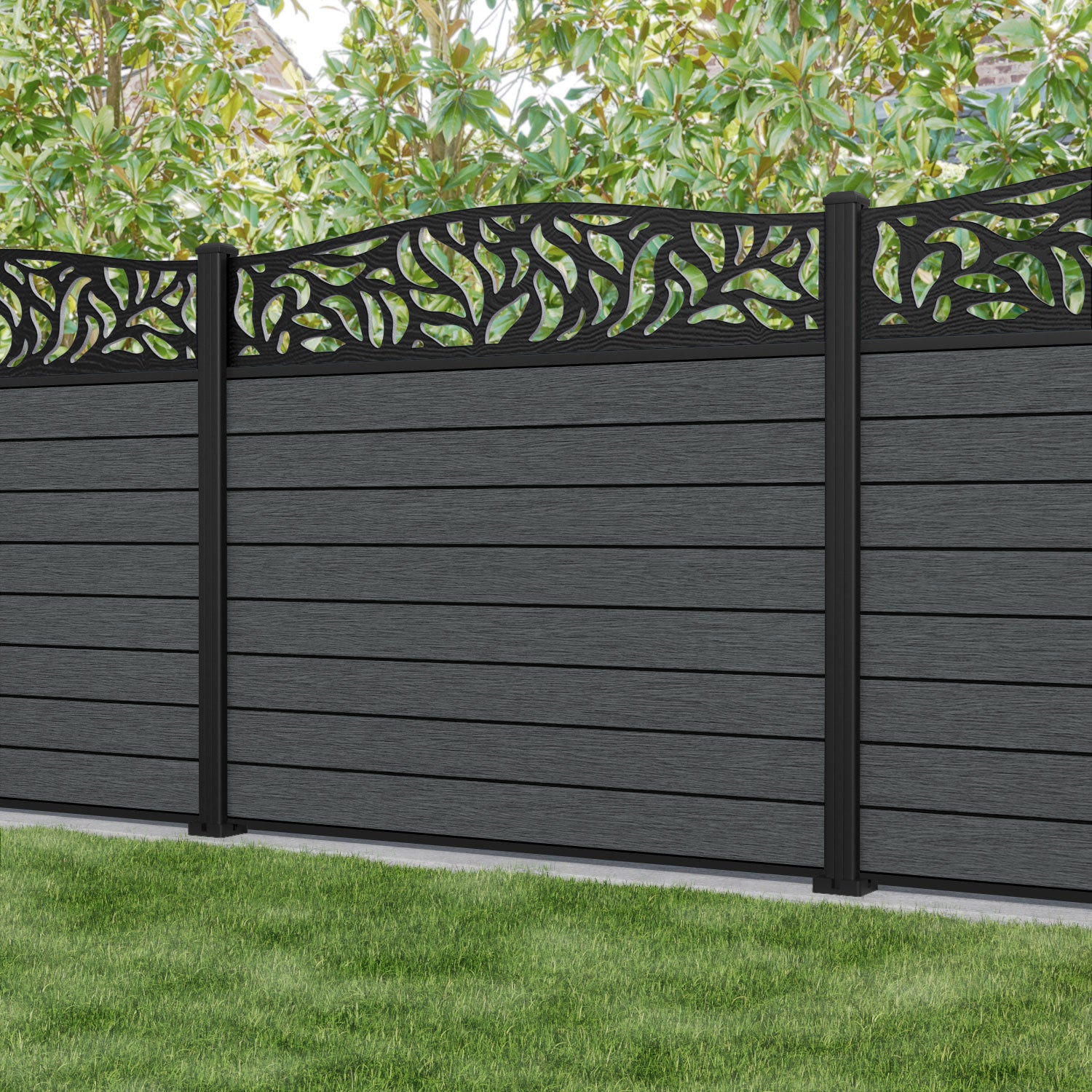 Fusion Plume Curved Top Fence Panel - Dark Grey - with our aluminium posts