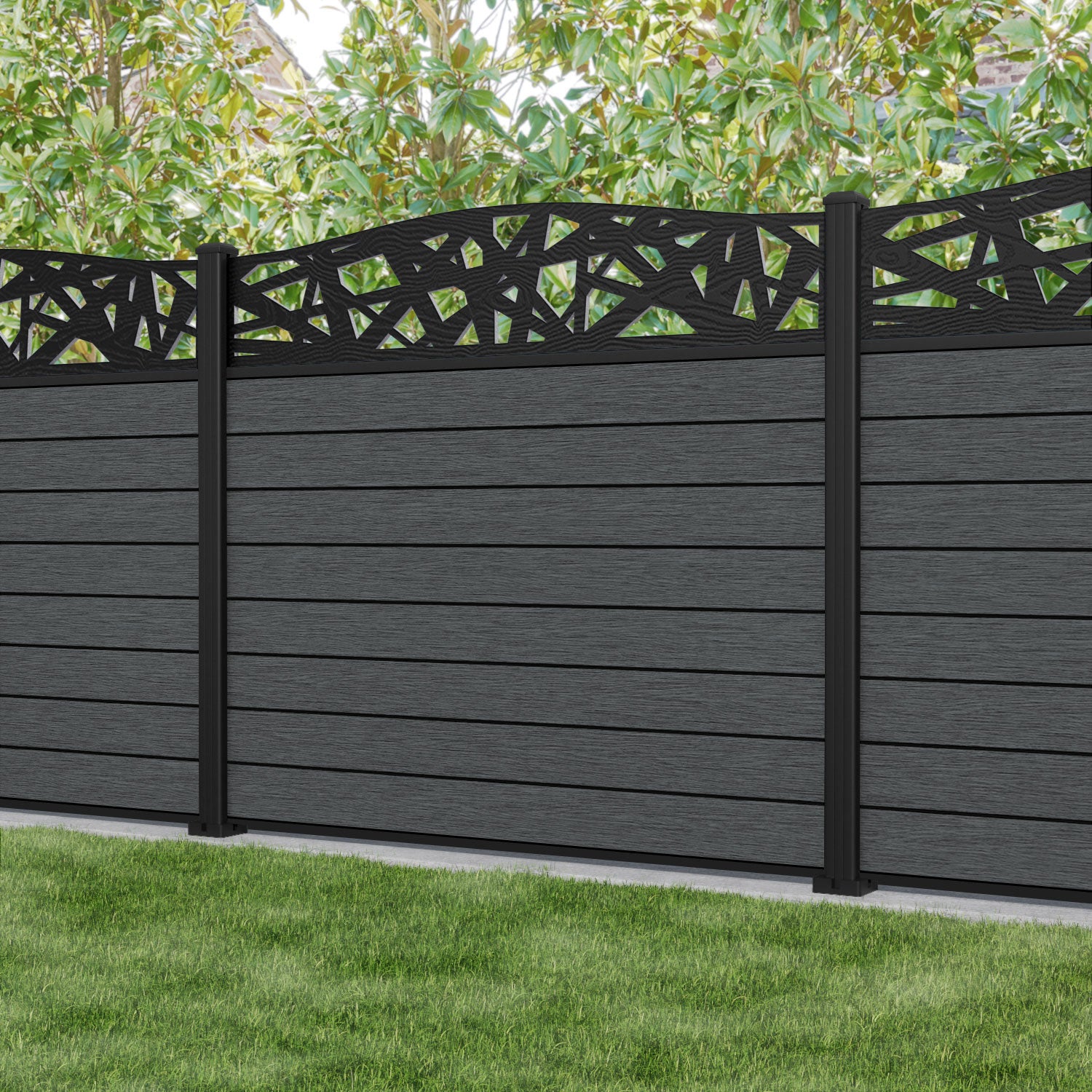 Fusion Prism Curved Top Fence Panel - Dark Grey - with our aluminium posts