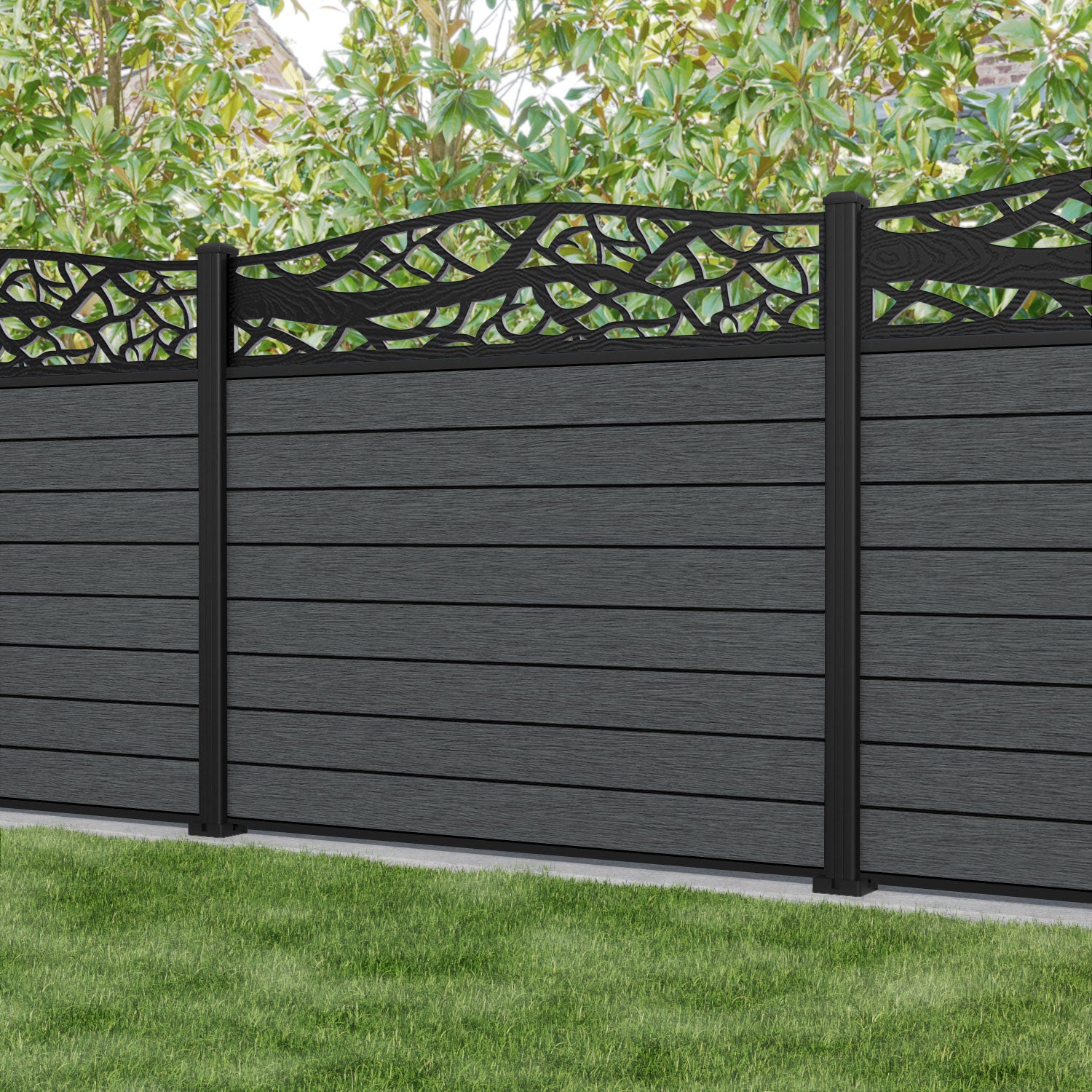 Fusion Twilight Curved Top Fence Panel - Dark Grey - with our aluminium posts