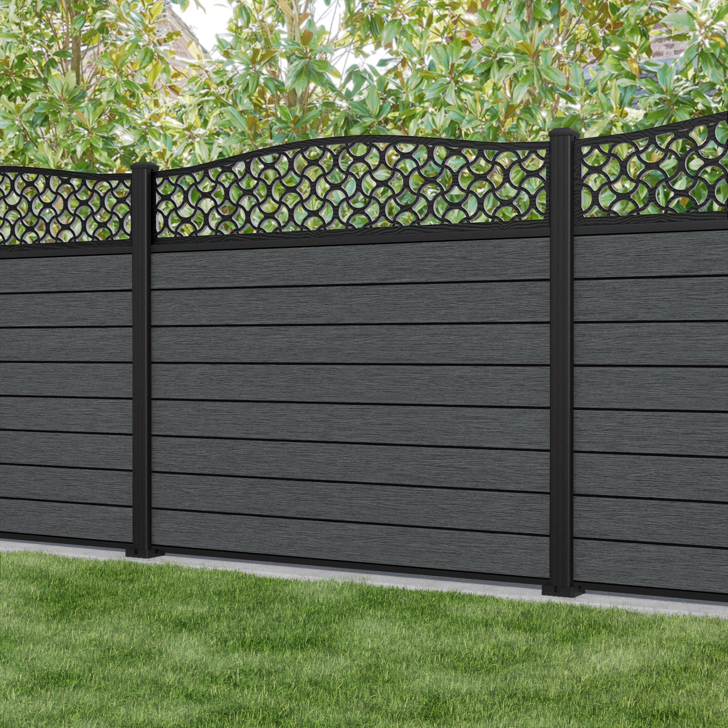 Fusion Vida Curved Top Fence Panel - Dark Grey - with our aluminium posts