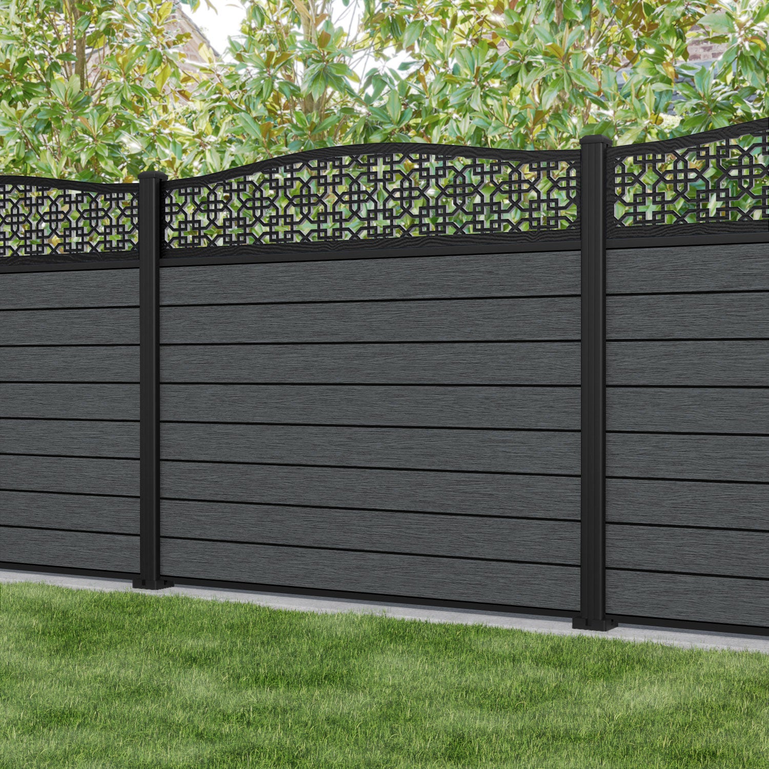 Fusion Zaria Curved Top Fence Panel - Dark Grey - with our aluminium posts