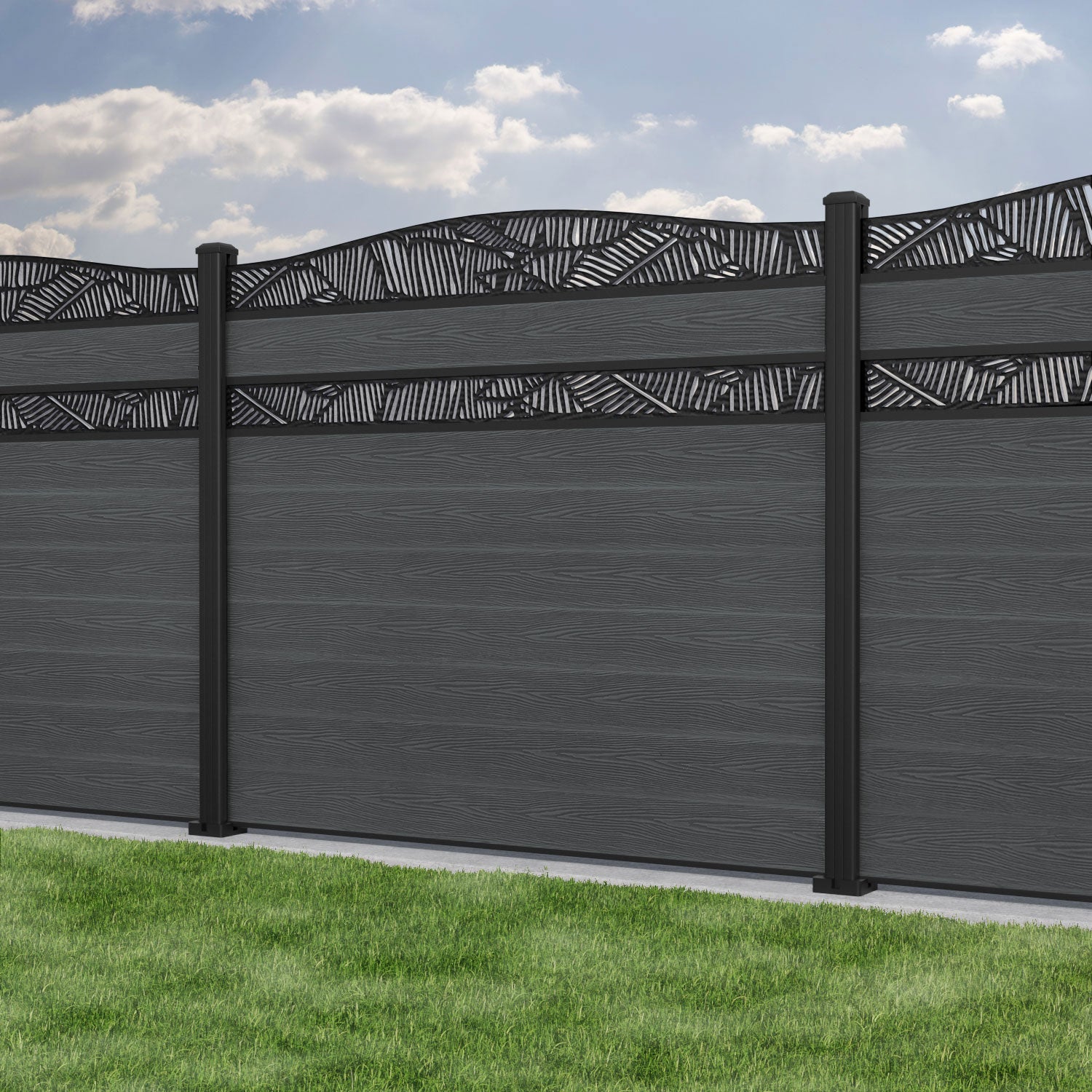 Classic Feather Curved Top Split Screen Fence Panel - Dark Grey - with our aluminium posts