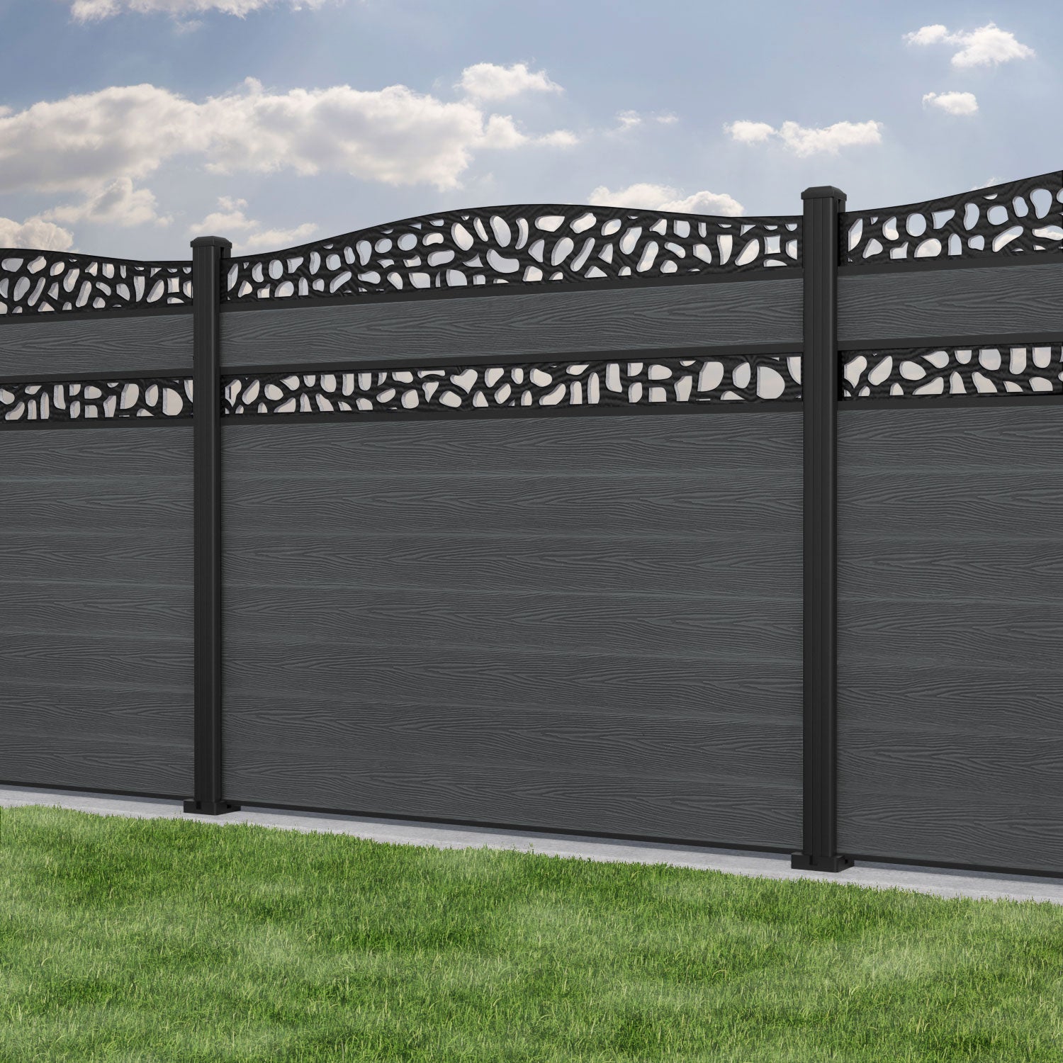 Classic Pebble Curved Top Split Screen Fence Panel - Dark Grey - with our aluminium posts