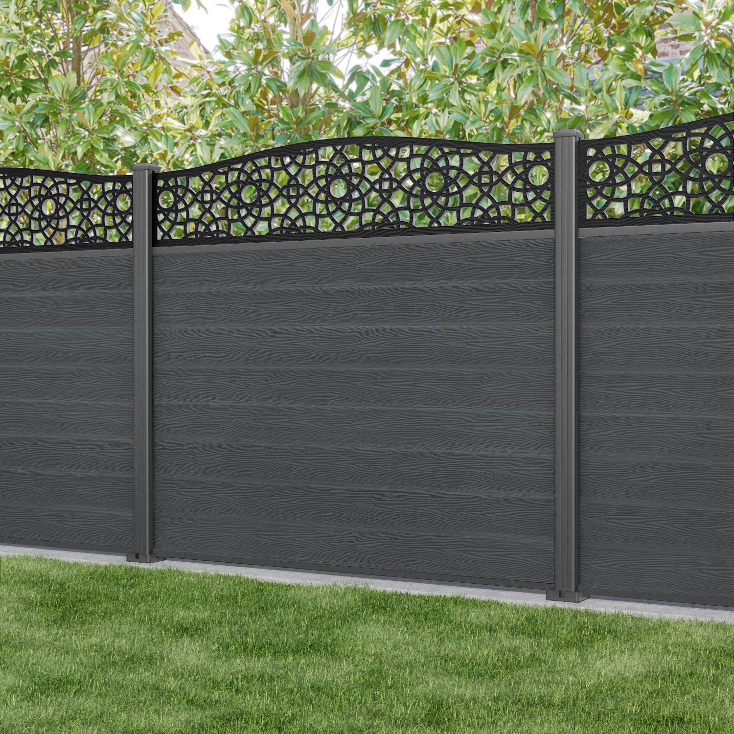 Classic Ambar Curved Top Fence Panel - Dark Grey - with our aluminium posts