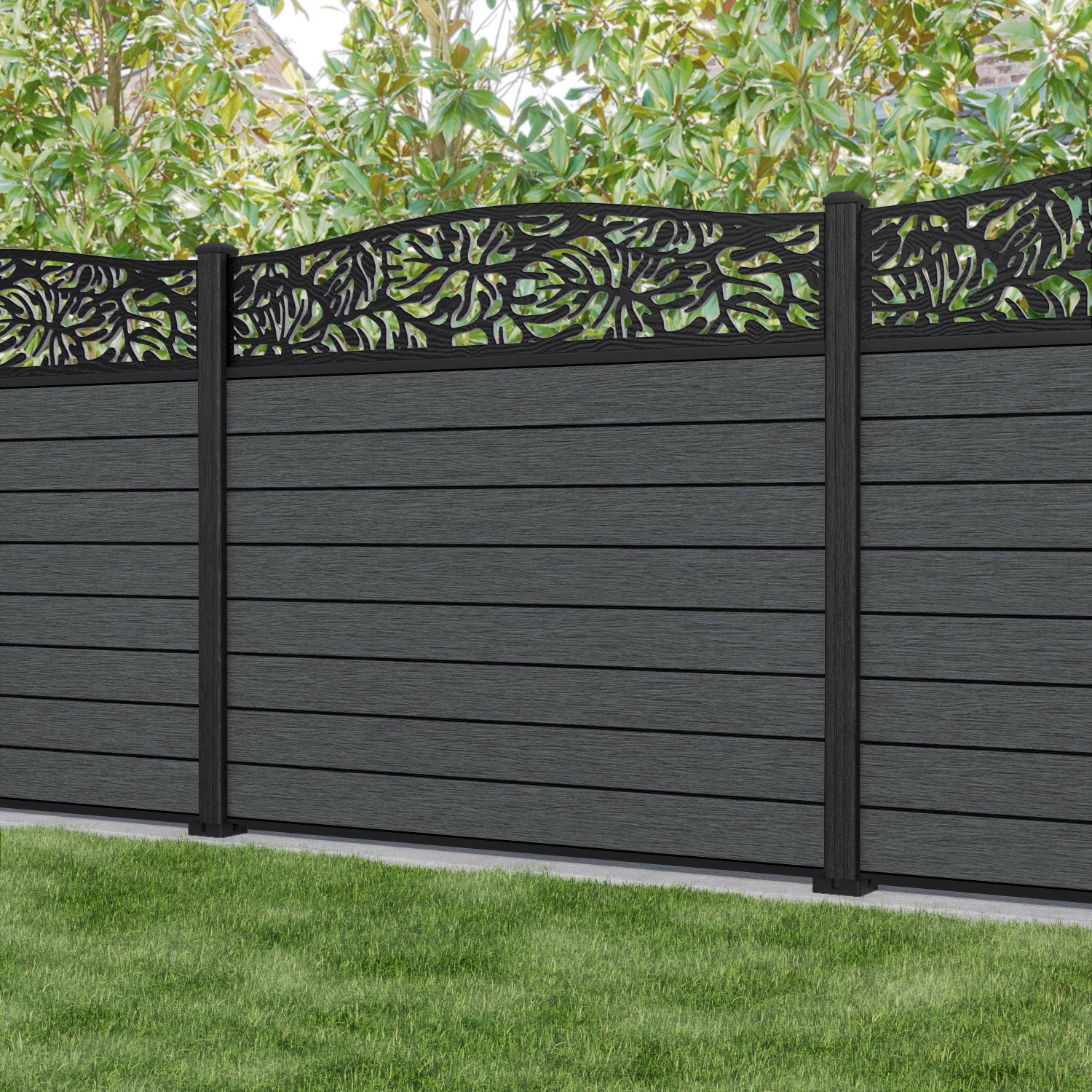 Fusion Botanic Curved Top Fence Panel - Dark Grey - with our composite posts