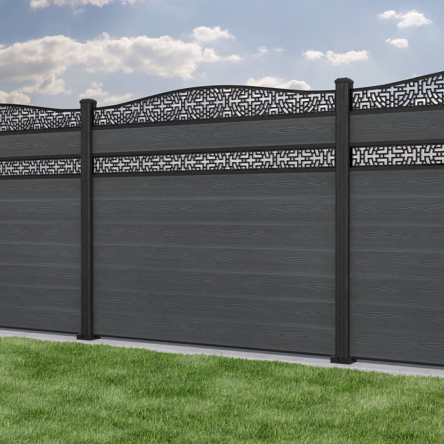 Classic Kumo Curved Top Split Screen Fence Panel - Dark Grey - with our composite posts
