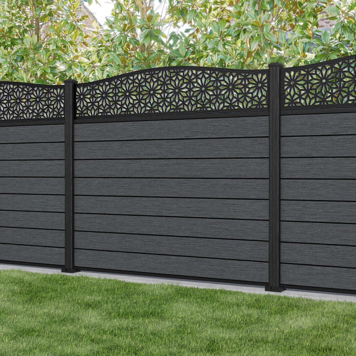 Fusion Narwa Curved Top Fence Panel - Dark Grey - with our composite posts