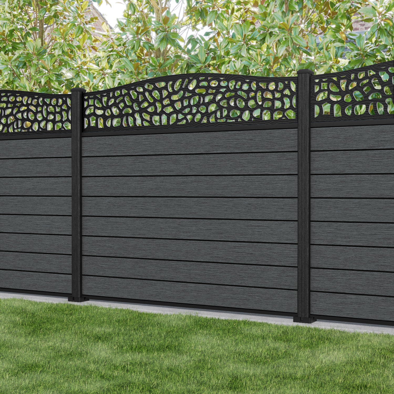 Fusion Pebble Curved Top Fence Panel - Dark Grey - with our composite posts