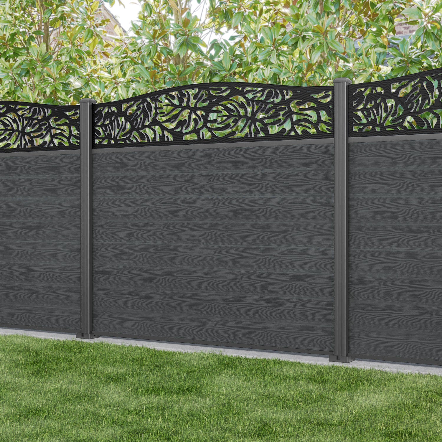 Classic Botanic Curved Top Fence Panel - Dark Grey - with our aluminium posts