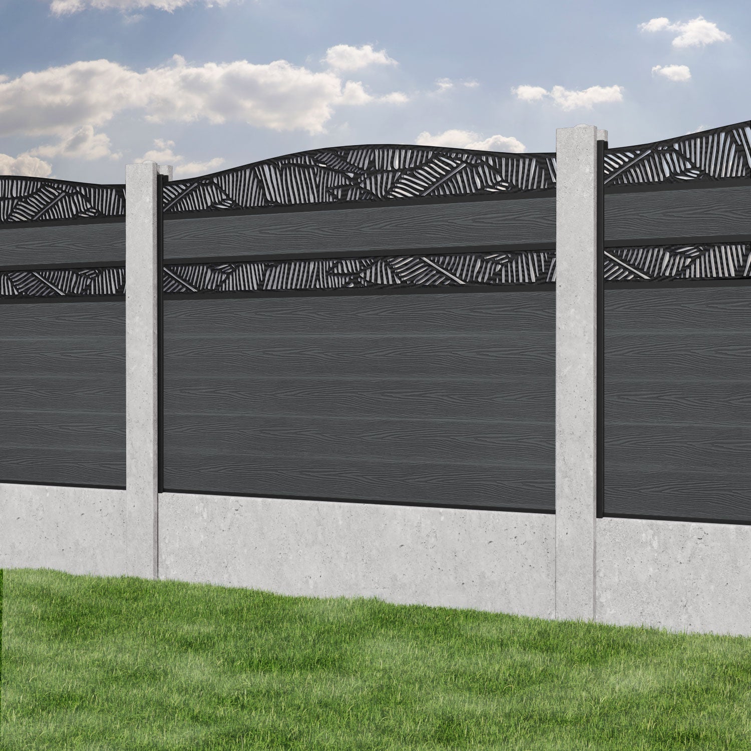 Classic Feather Curved Top Split Screen Fence Panel - Dark Grey - for existing concrete posts