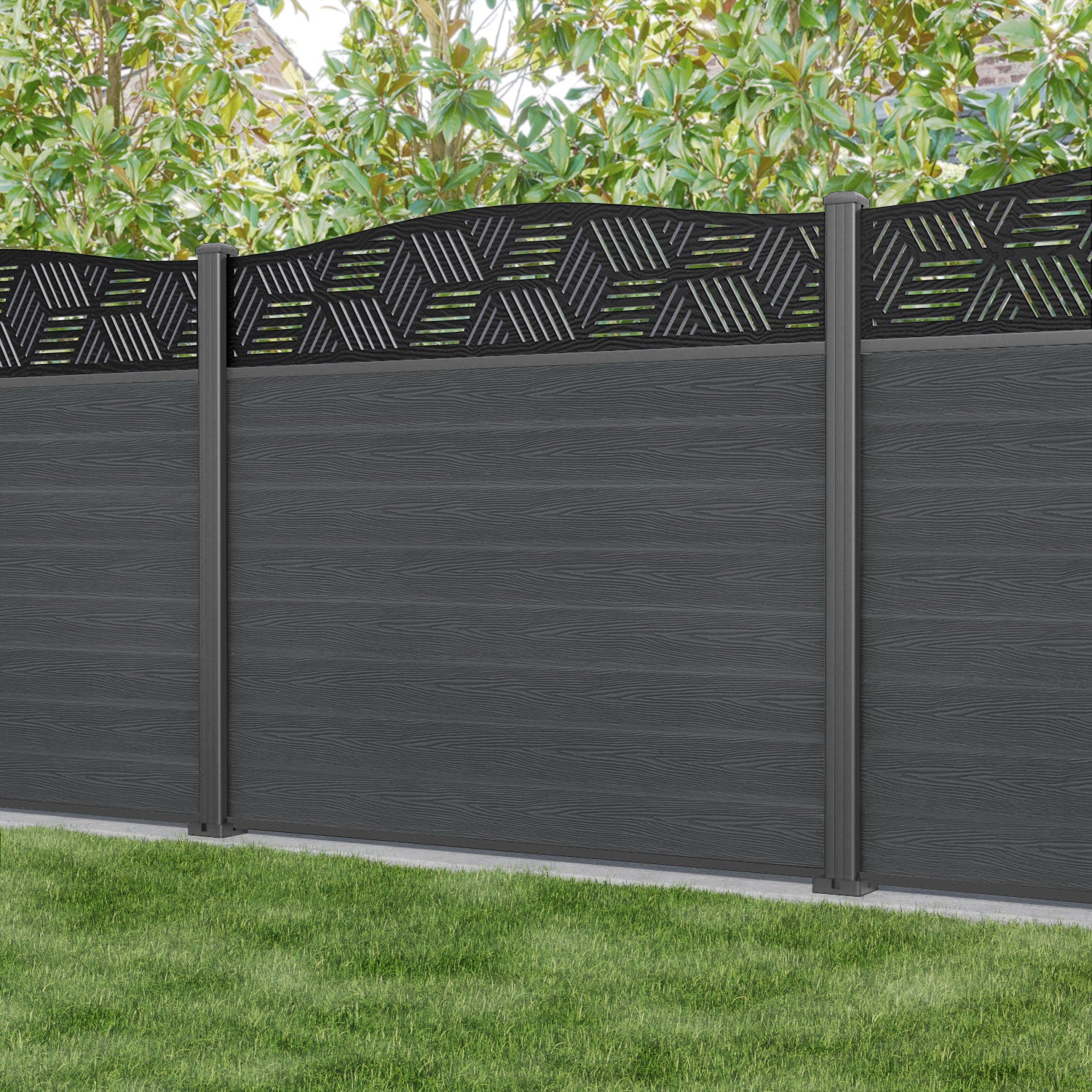 Classic Cubed Curved Top Fence Panel - Dark Grey - with our aluminium posts