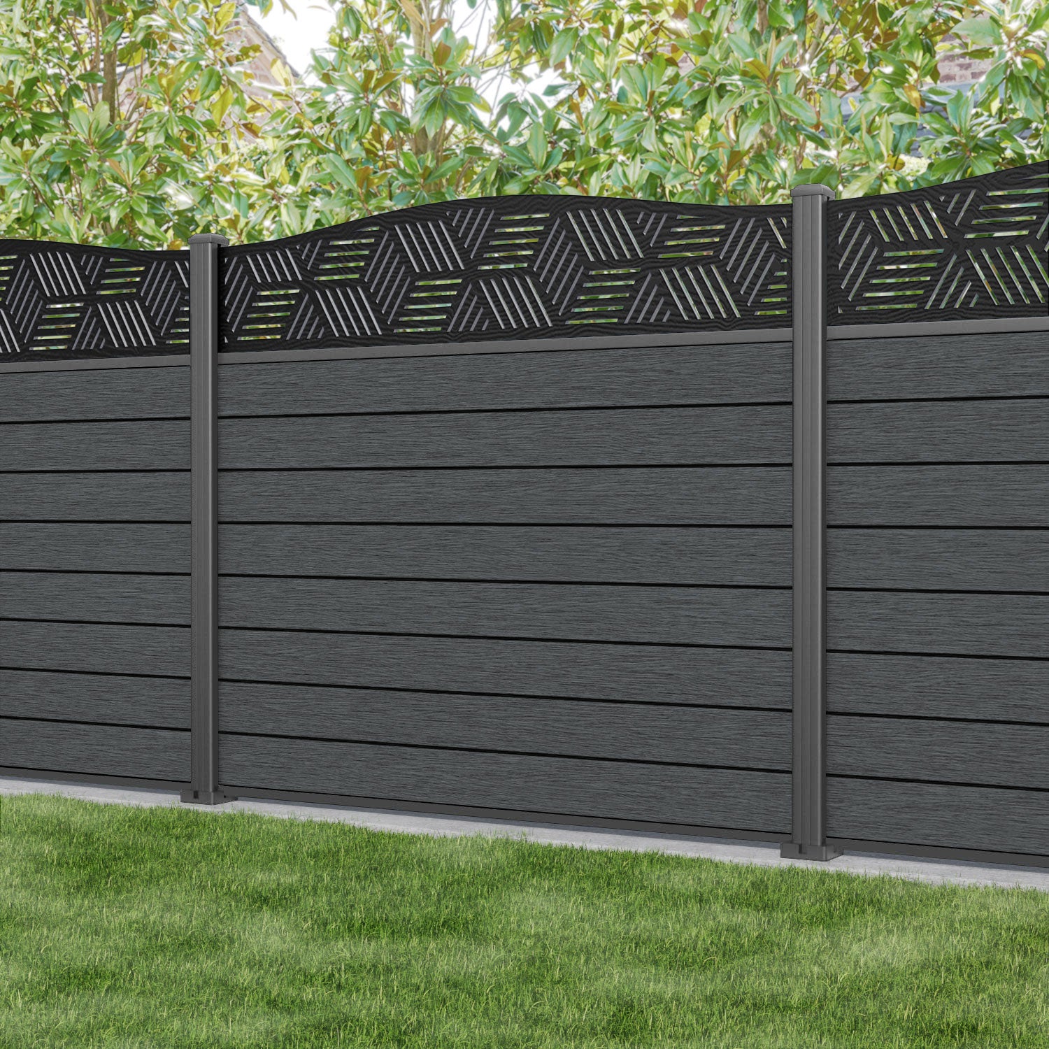 Fusion Cubed Curved Top Fence Panel - Dark Grey - with our aluminium posts