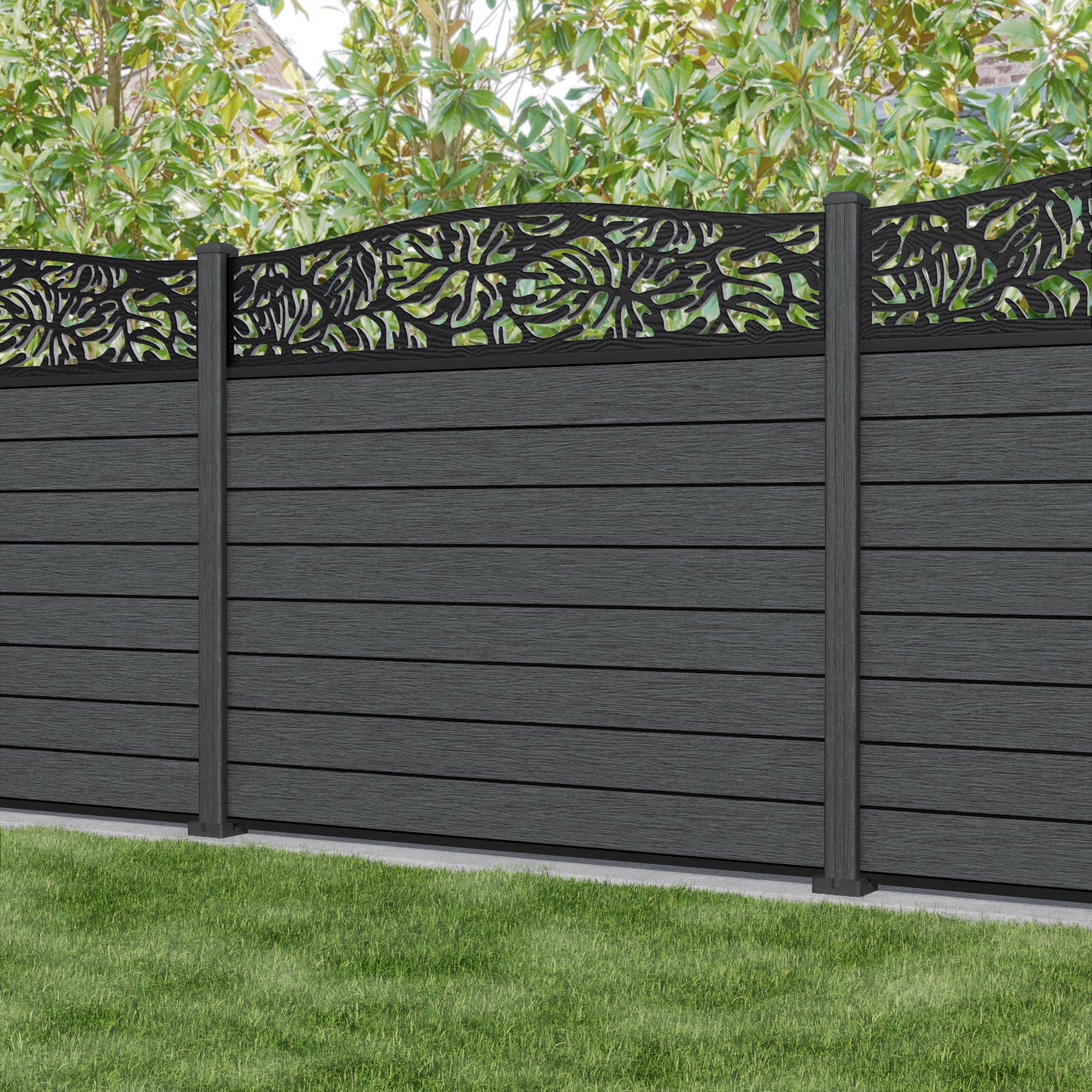 Fusion Botanic Curved Top Fence Panel - Dark Grey - with our composite posts
