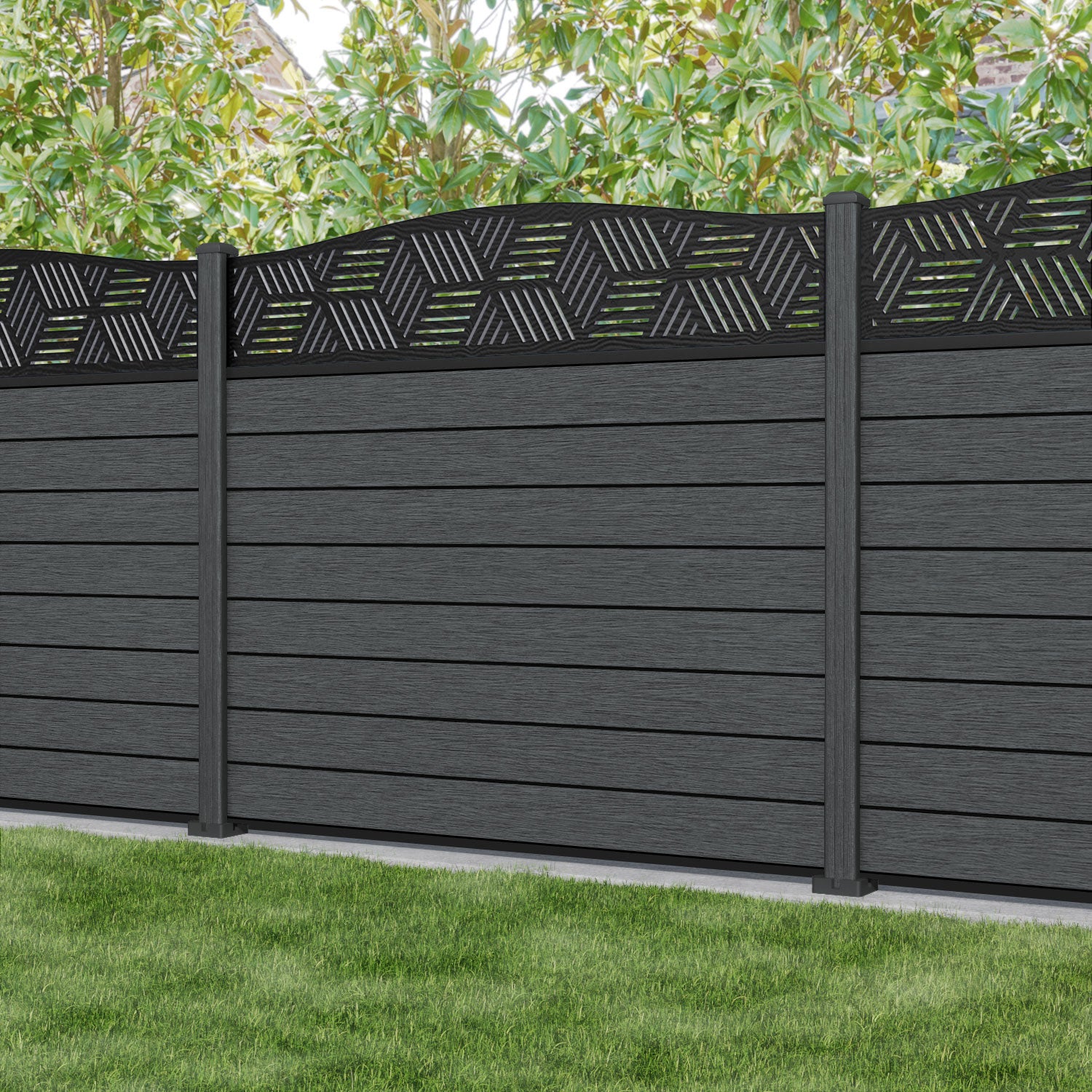 Fusion Cubed Curved Top Fence Panel - Dark Grey - with our composite posts