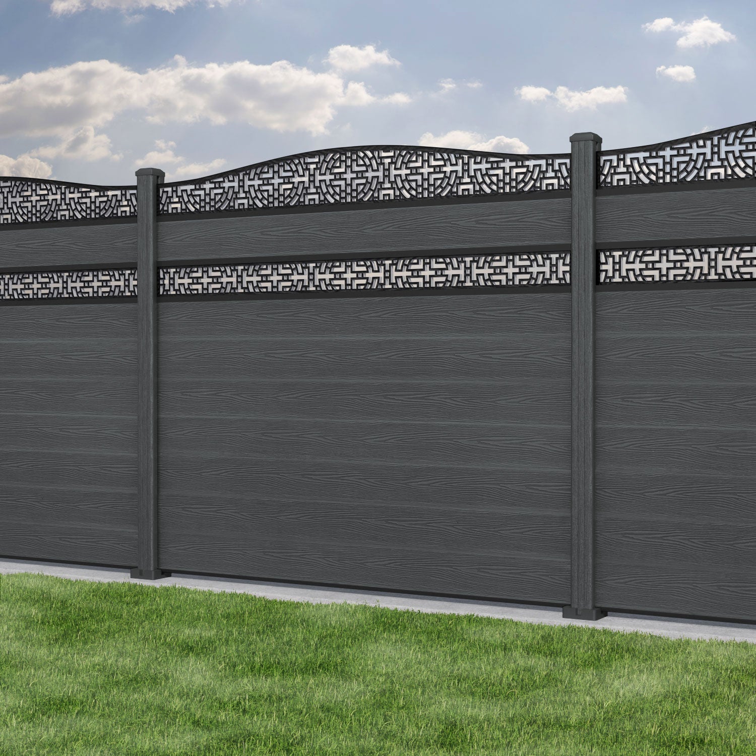 Classic Kumo Curved Top Split Screen Fence Panel - Dark Grey - with our composite posts