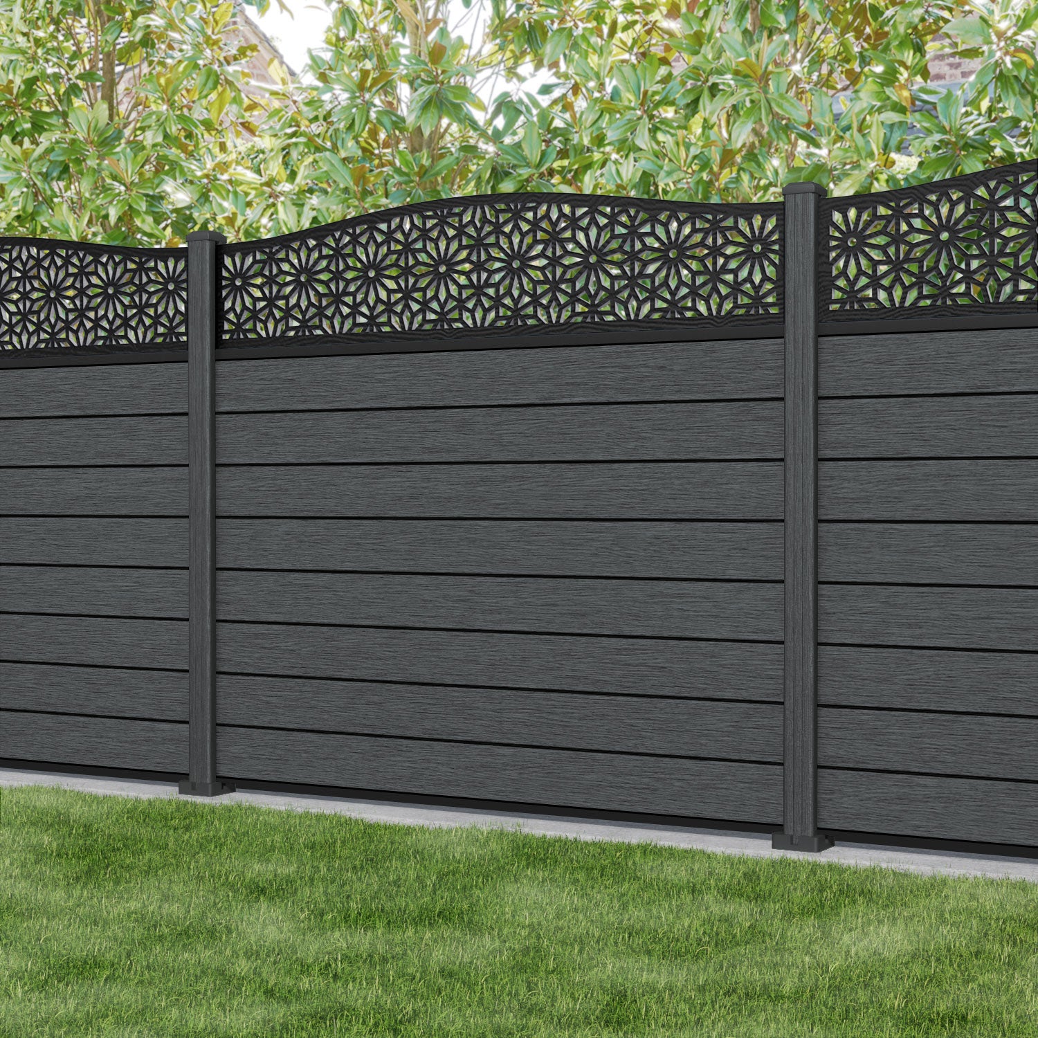 Fusion Narwa Curved Top Fence Panel - Dark Grey - with our composite posts