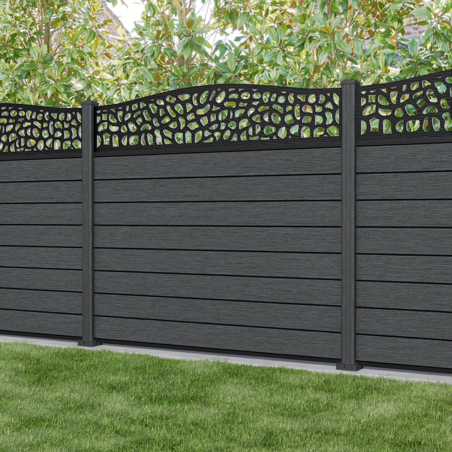 Fusion Pebble Curved Top Fence Panel - Dark Grey - with our composite posts