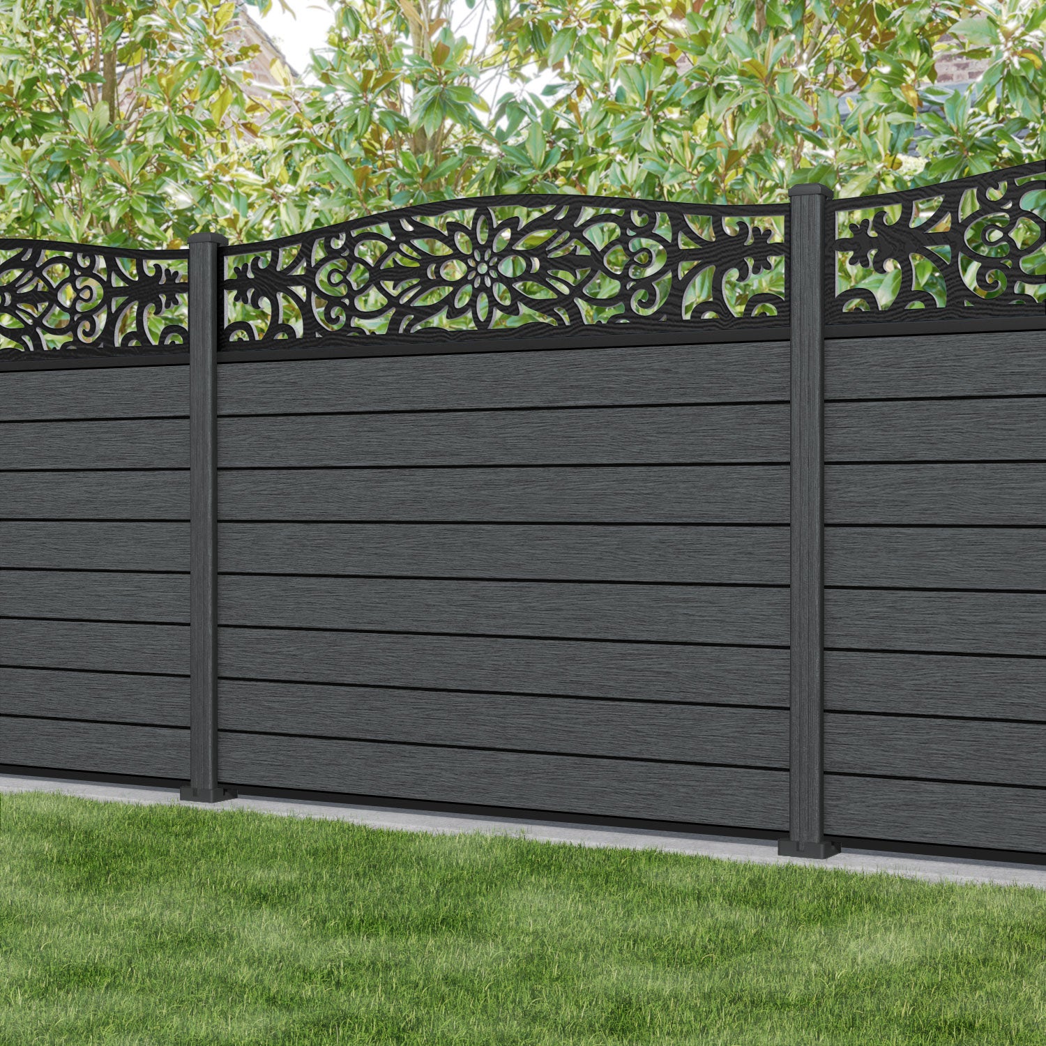 Fusion Windsor Curved Top Fence Panel - Dark Grey - with our composite posts