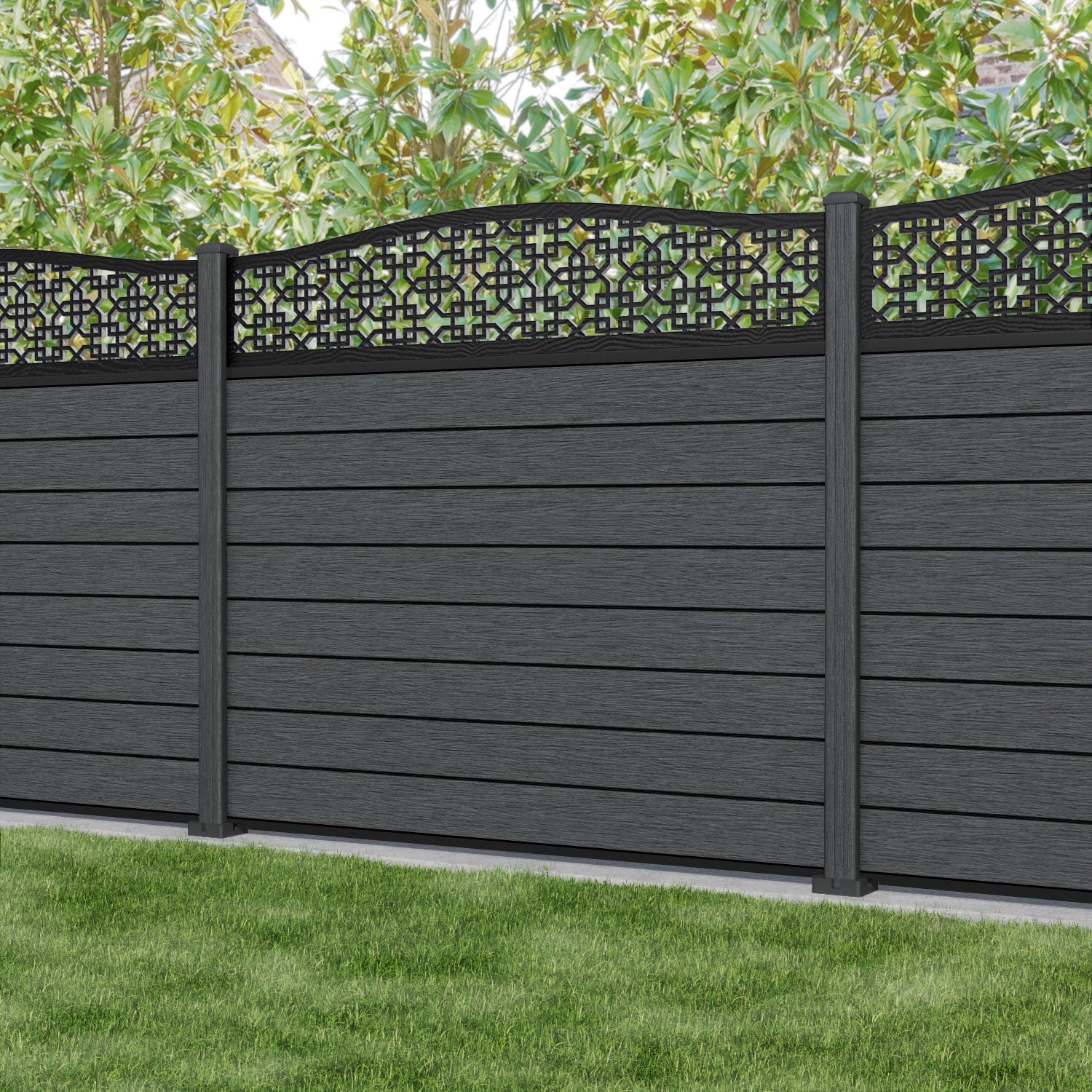 Fusion Zaria Curved Top Fence Panel - Dark Grey - with our composite posts