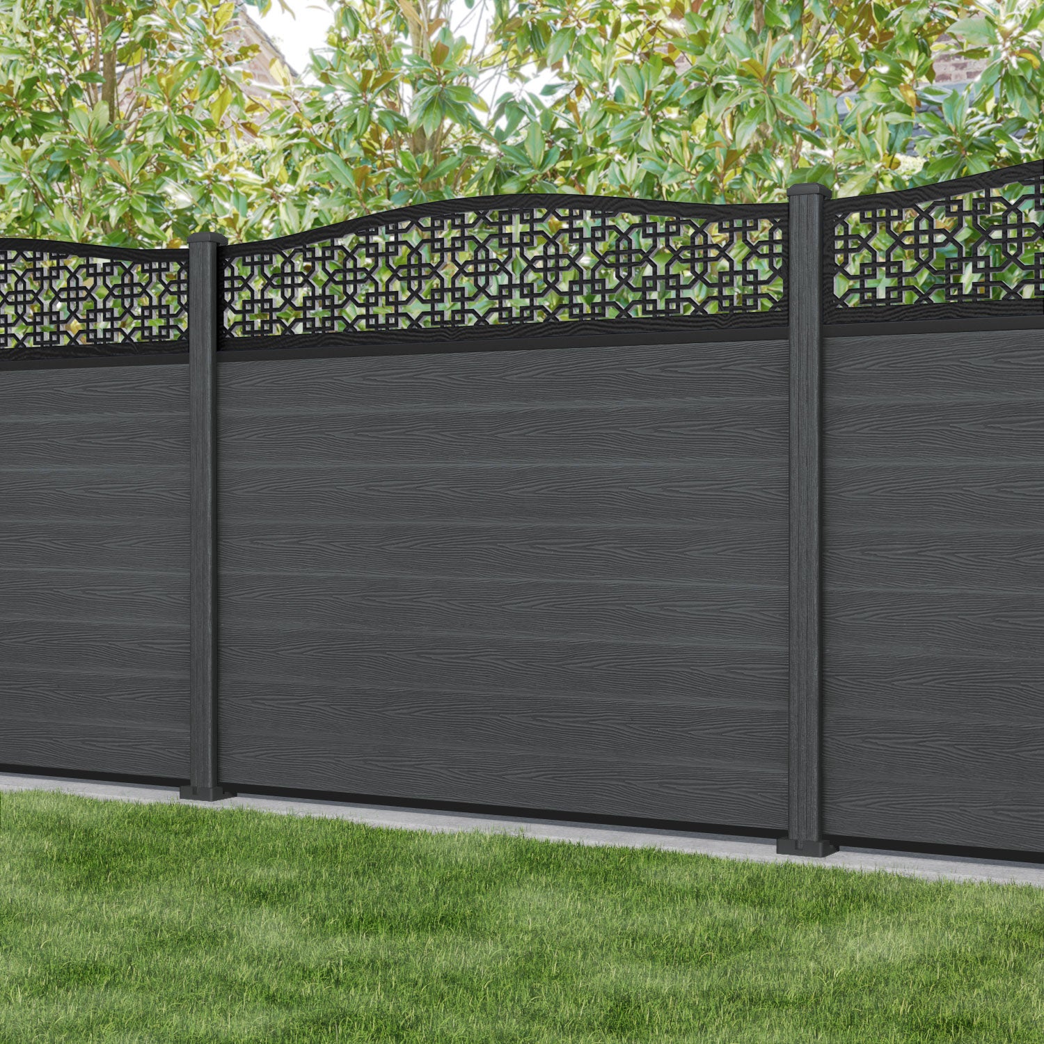 Classic Zaria Curved Top Fence Panel - Dark Grey - with our composite posts