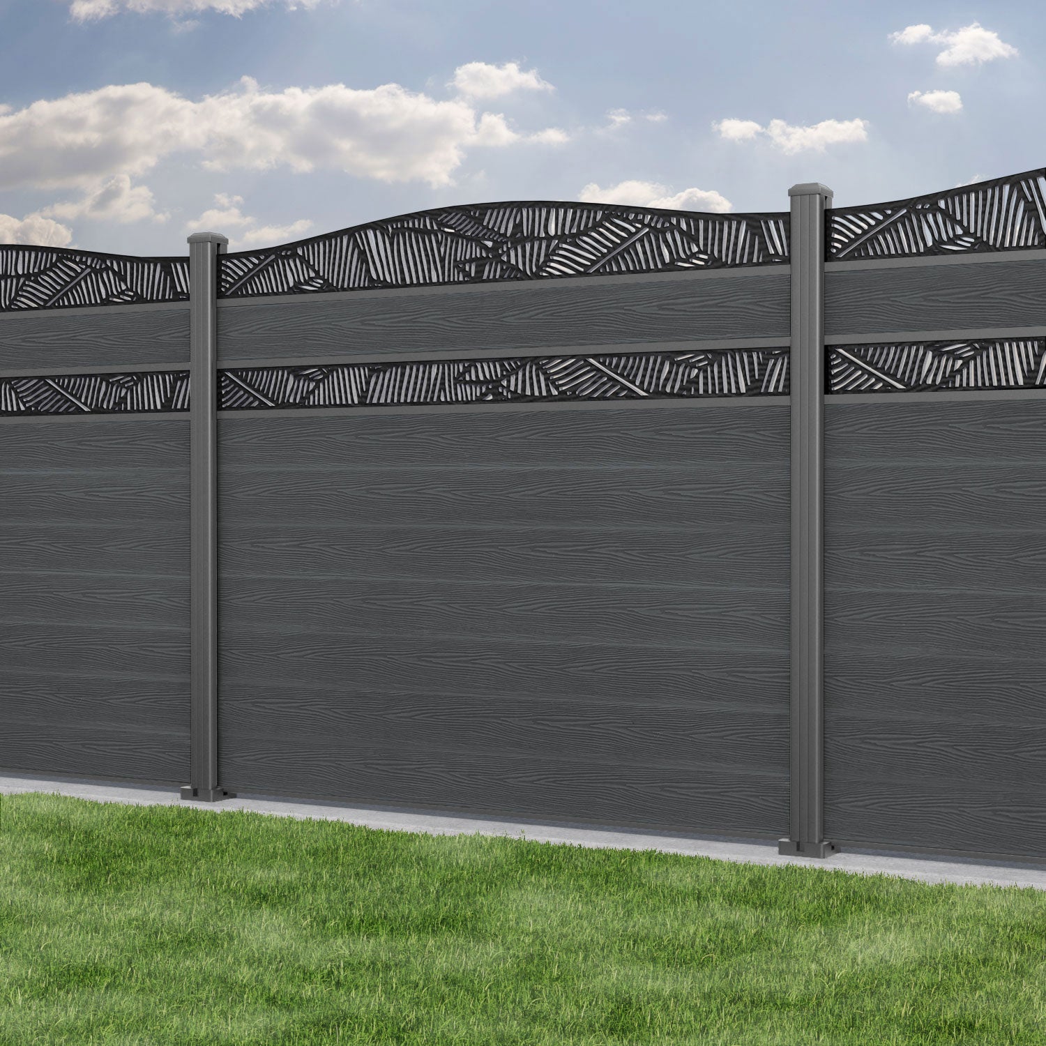 Classic Feather Curved Top Split Screen Fence Panel - Dark Grey - with our aluminium posts