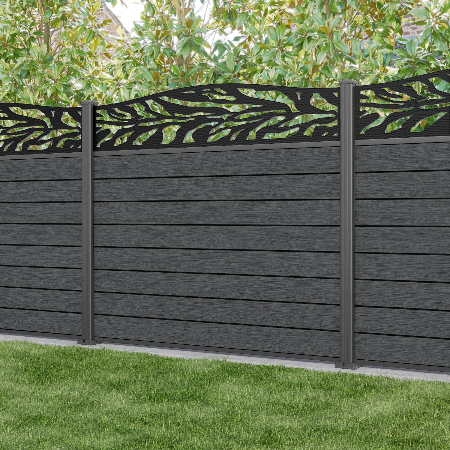 Fusion Malawi Curved Top Fence Panel - Dark Oak - with our aluminium posts