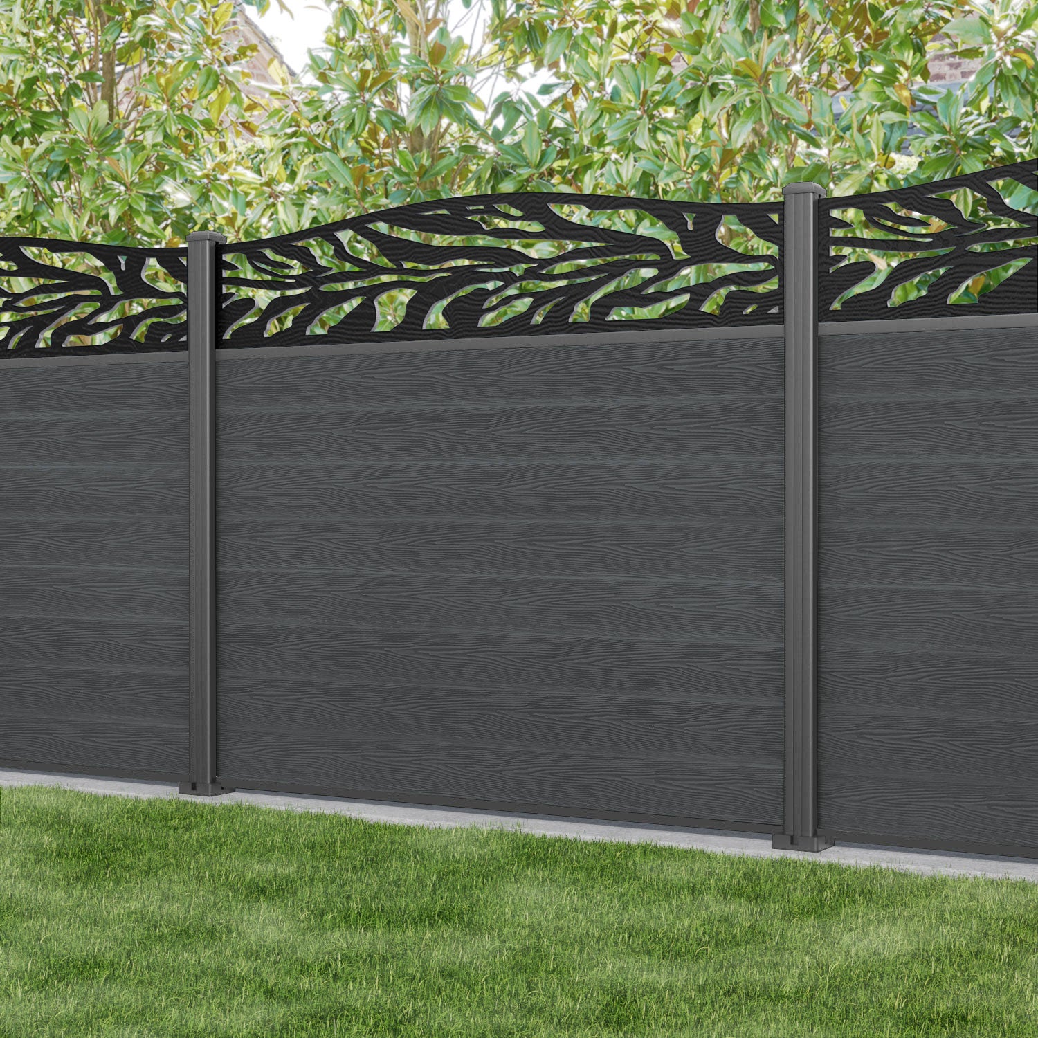 Classic Malawi Curved Top Fence Panel - Dark Grey - with our aluminium posts