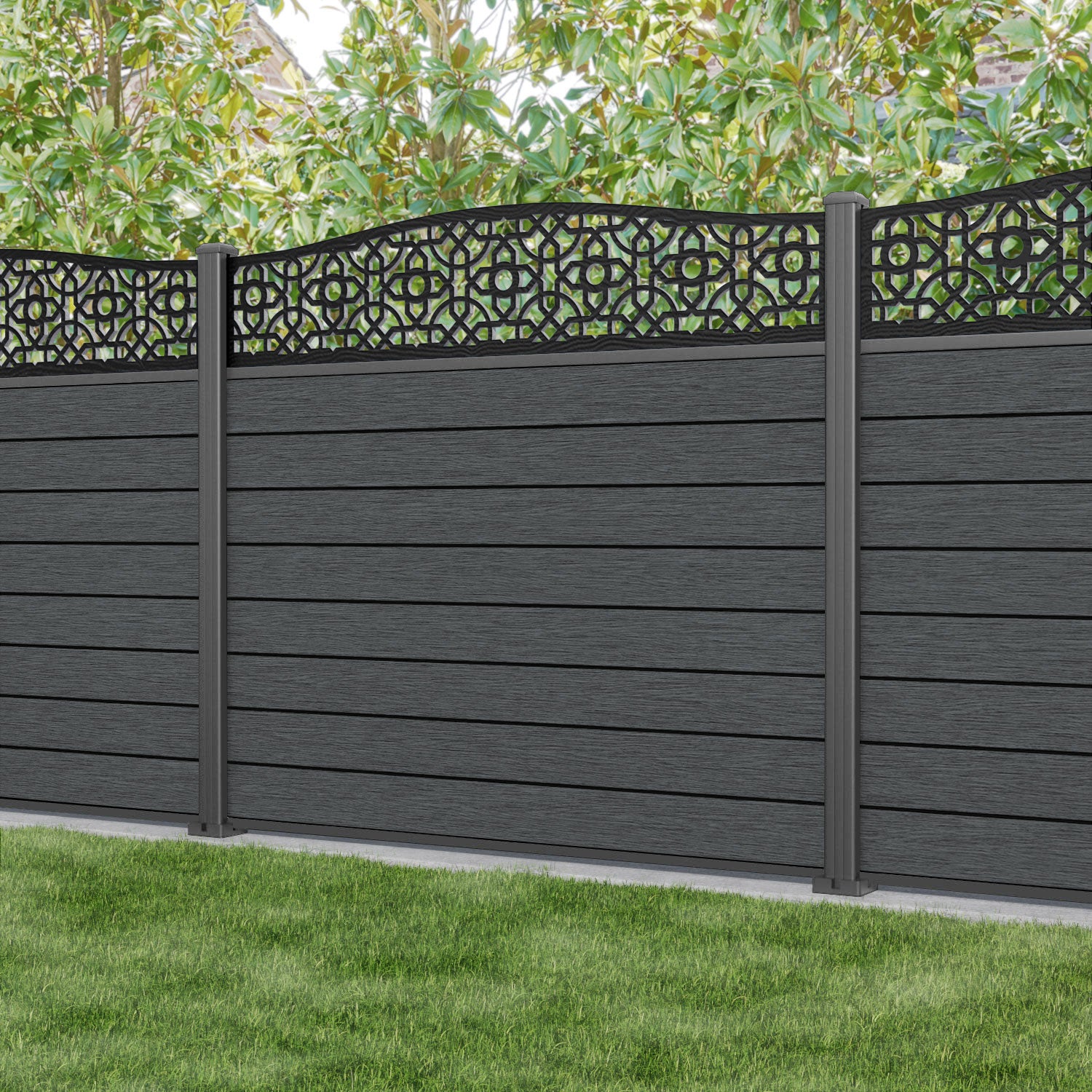 Fusion Nabila Curved Top Fence Panel - Dark Grey - with our aluminium posts
