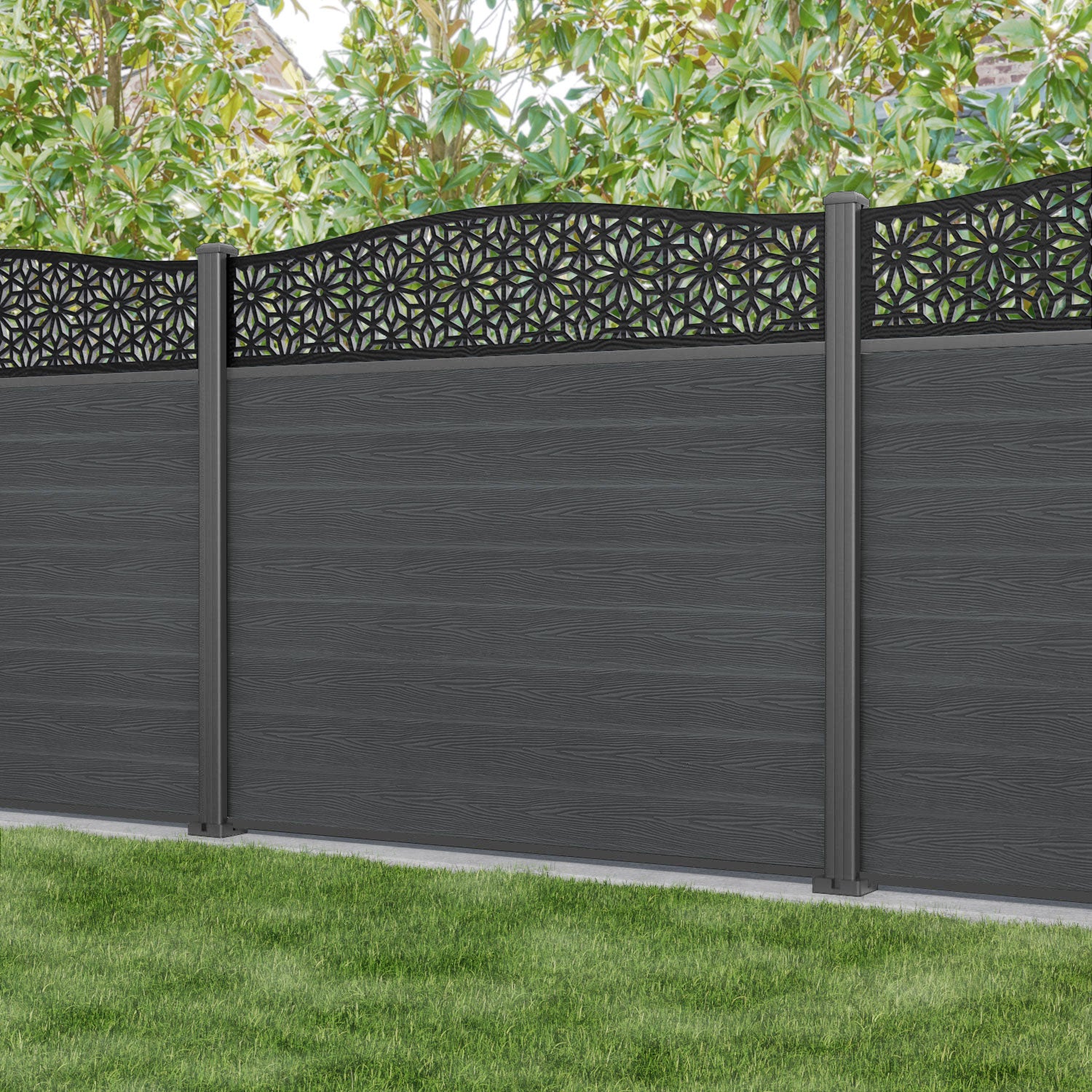 Classic Narwa Curved Top Fence Panel - Dark Grey - with our aluminium posts