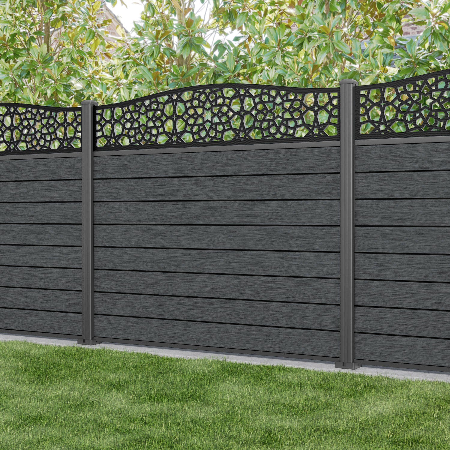 Fusion Nazira Curved Top Fence Panel - Dark Grey - with our aluminium posts
