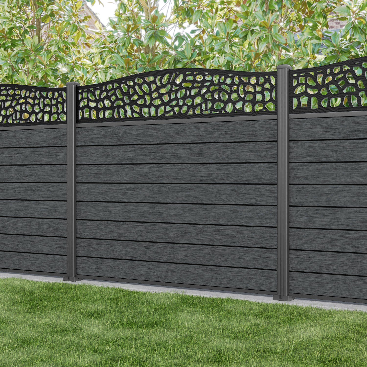 Fusion Pebble Curved Top Fence Panel - Dark Grey - with our aluminium posts