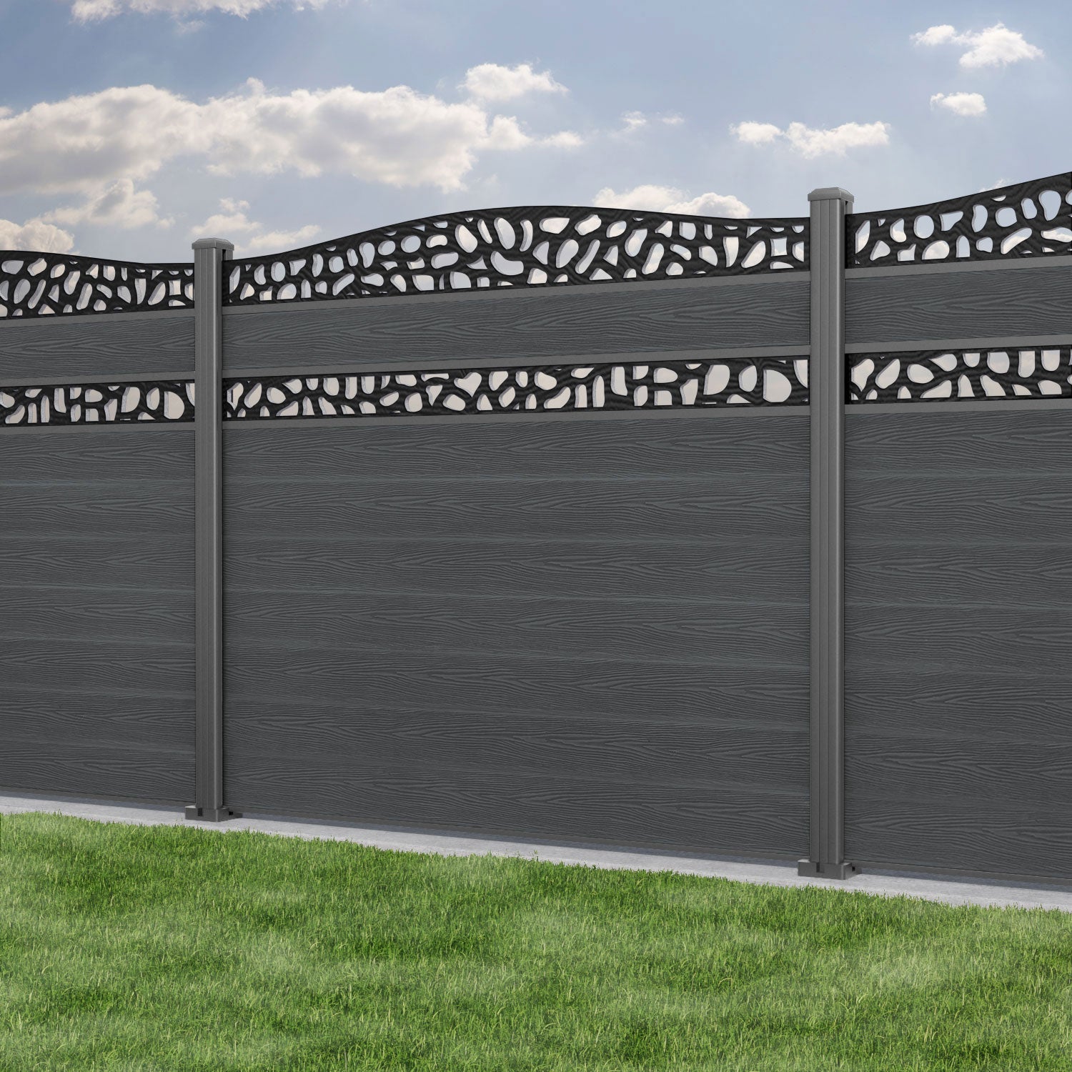 Classic Pebble Curved Top Split Screen Fence Panel - Dark Grey - with our aluminium posts