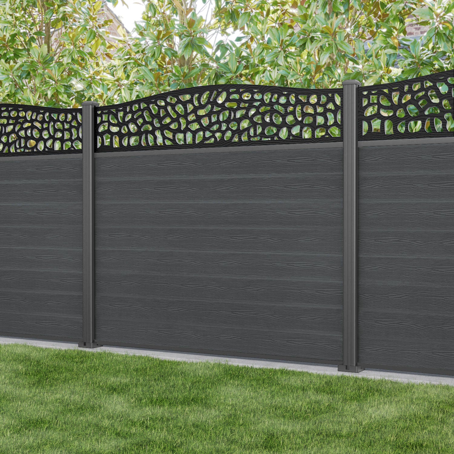 Classic Pebble Curved Top Fence Panel - Dark Grey - with our aluminium posts