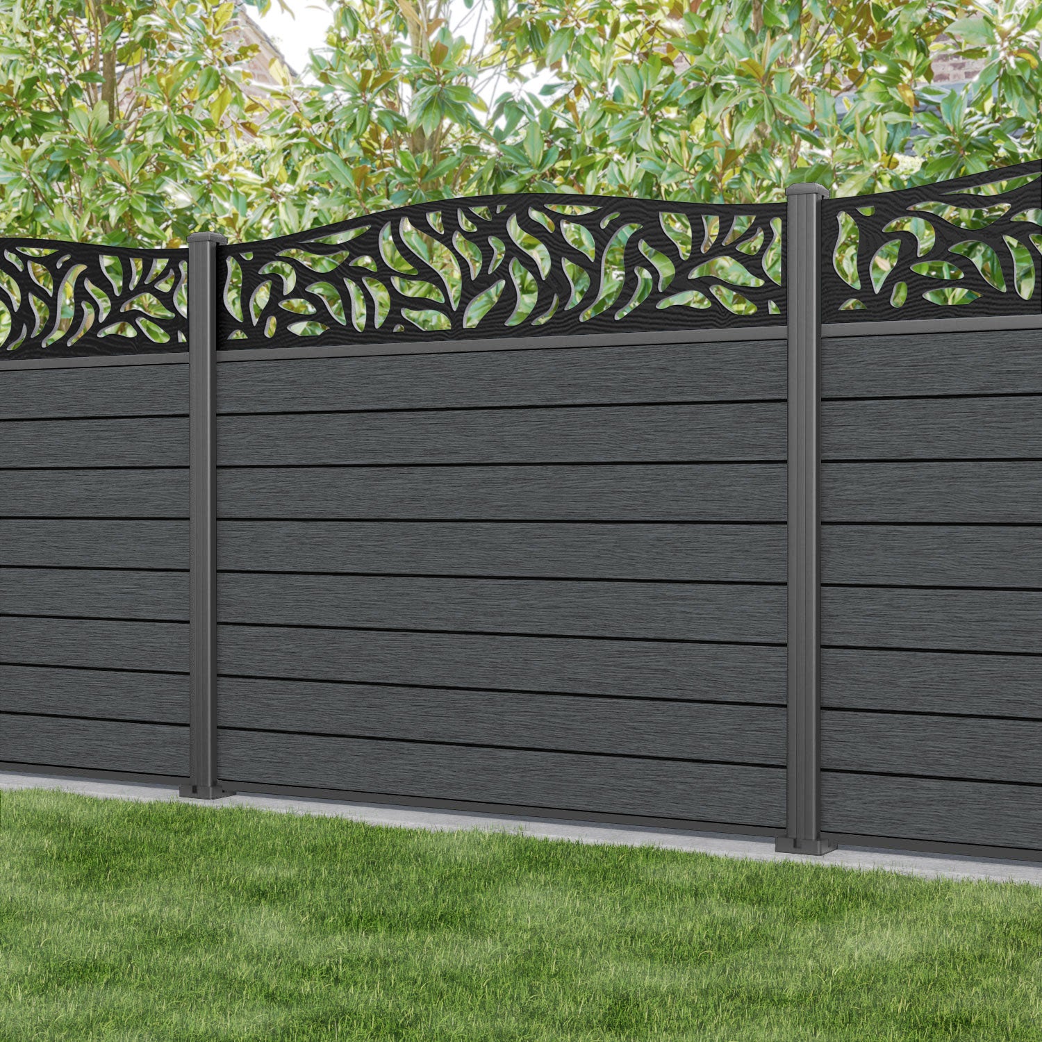 Fusion Plume Curved Top Fence Panel - Dark Grey - with our aluminium posts
