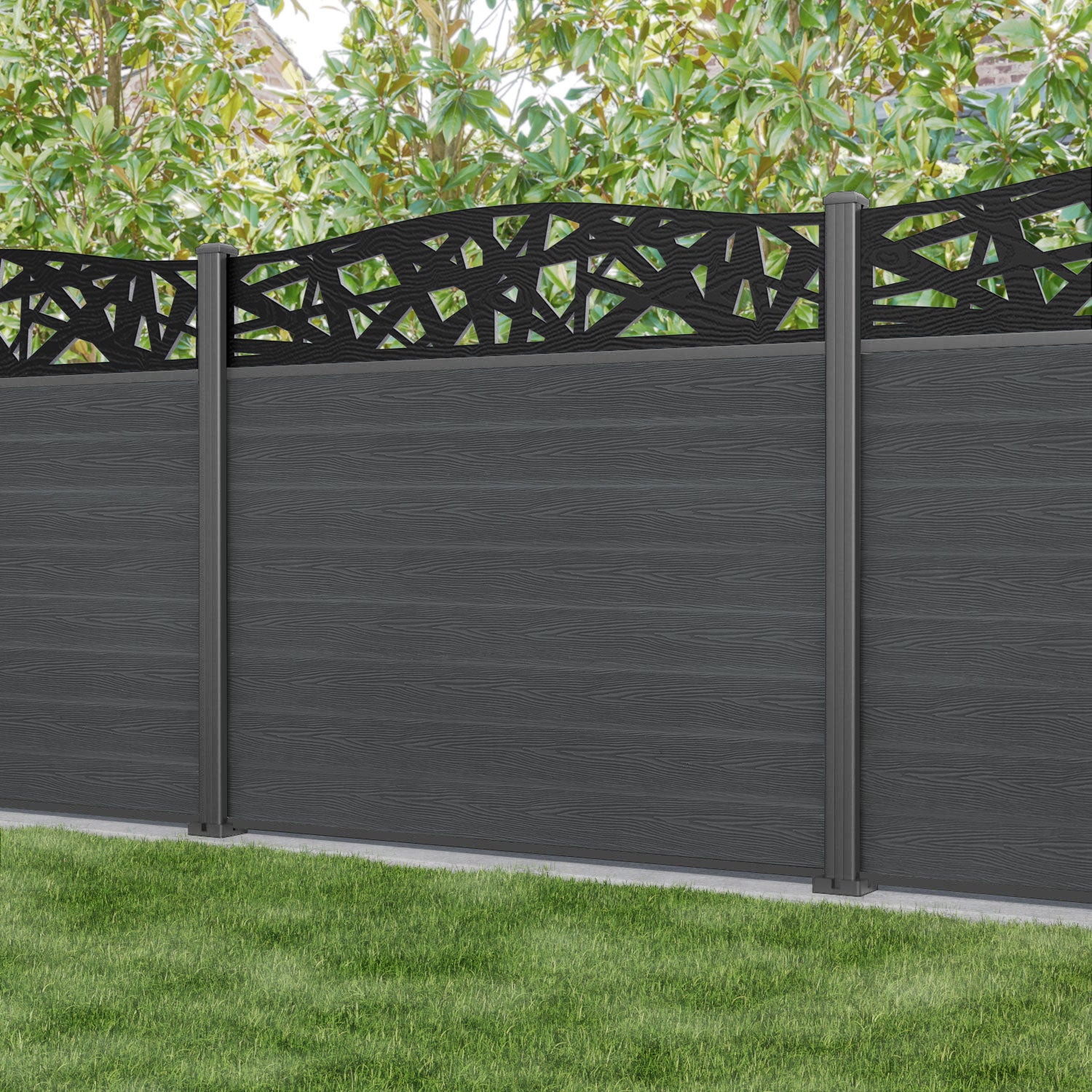 Classic Prism Curved Top Fence Panel - Dark Grey - with our aluminium posts