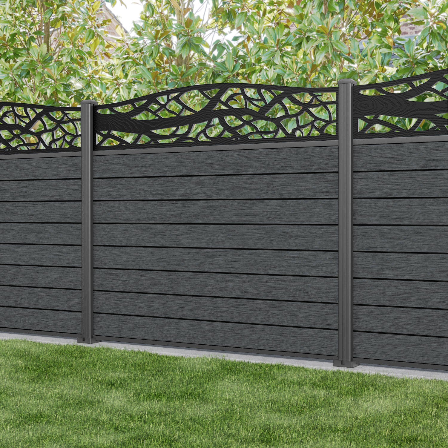 Fusion Twilight Curved Top Fence Panel - Dark Grey - with our aluminium posts